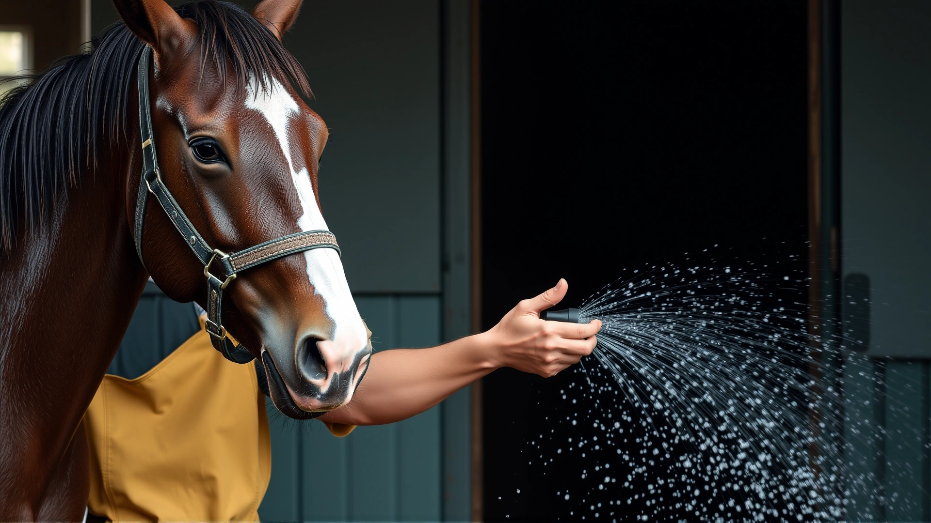 Stable assistant gently bathing a horse with cool water from a hose, focus on the soothing process
