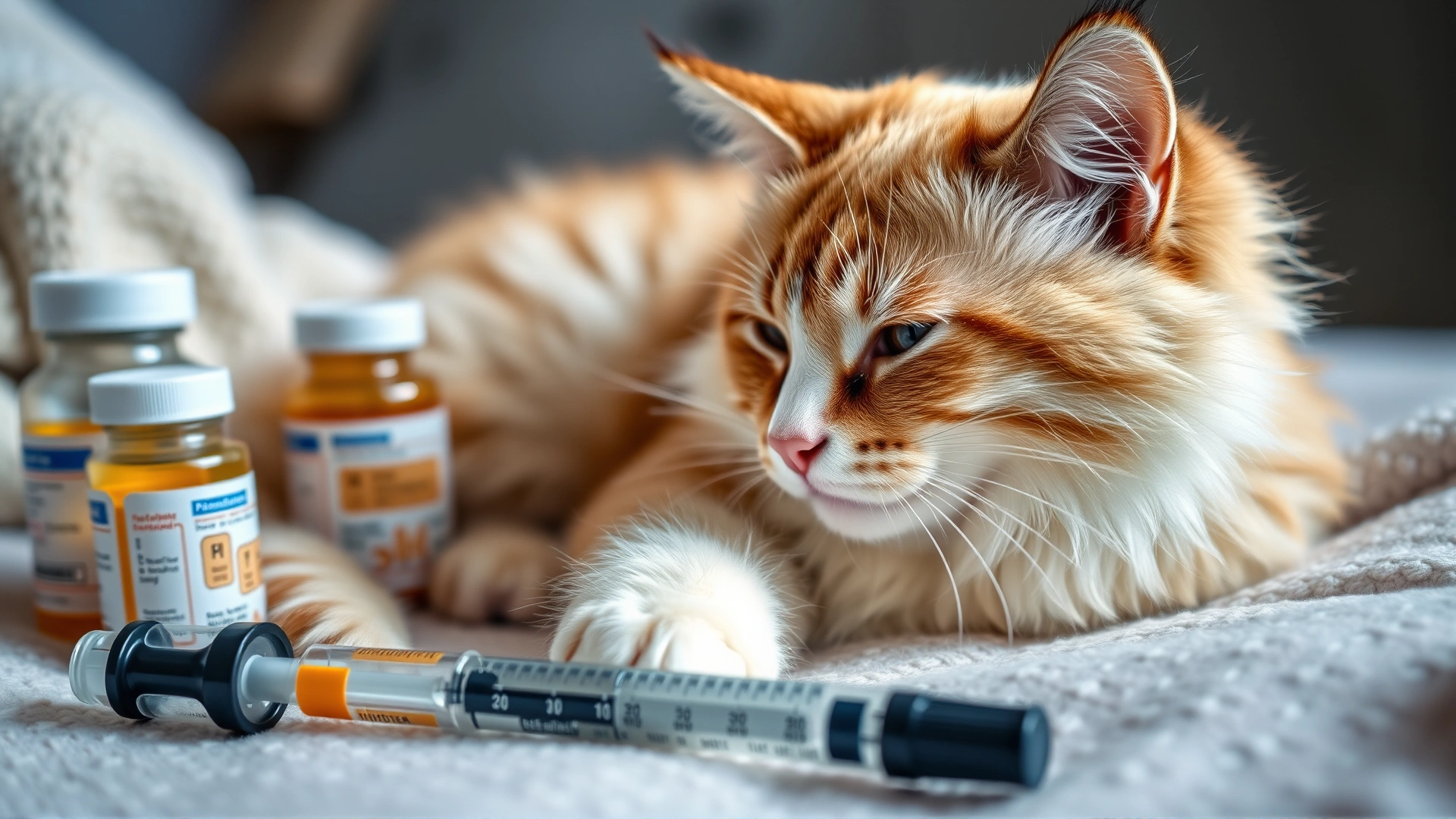 Cat lying comfortably on a soft blanket with medication bottles and a syringe nearby, illustrating at-home care
