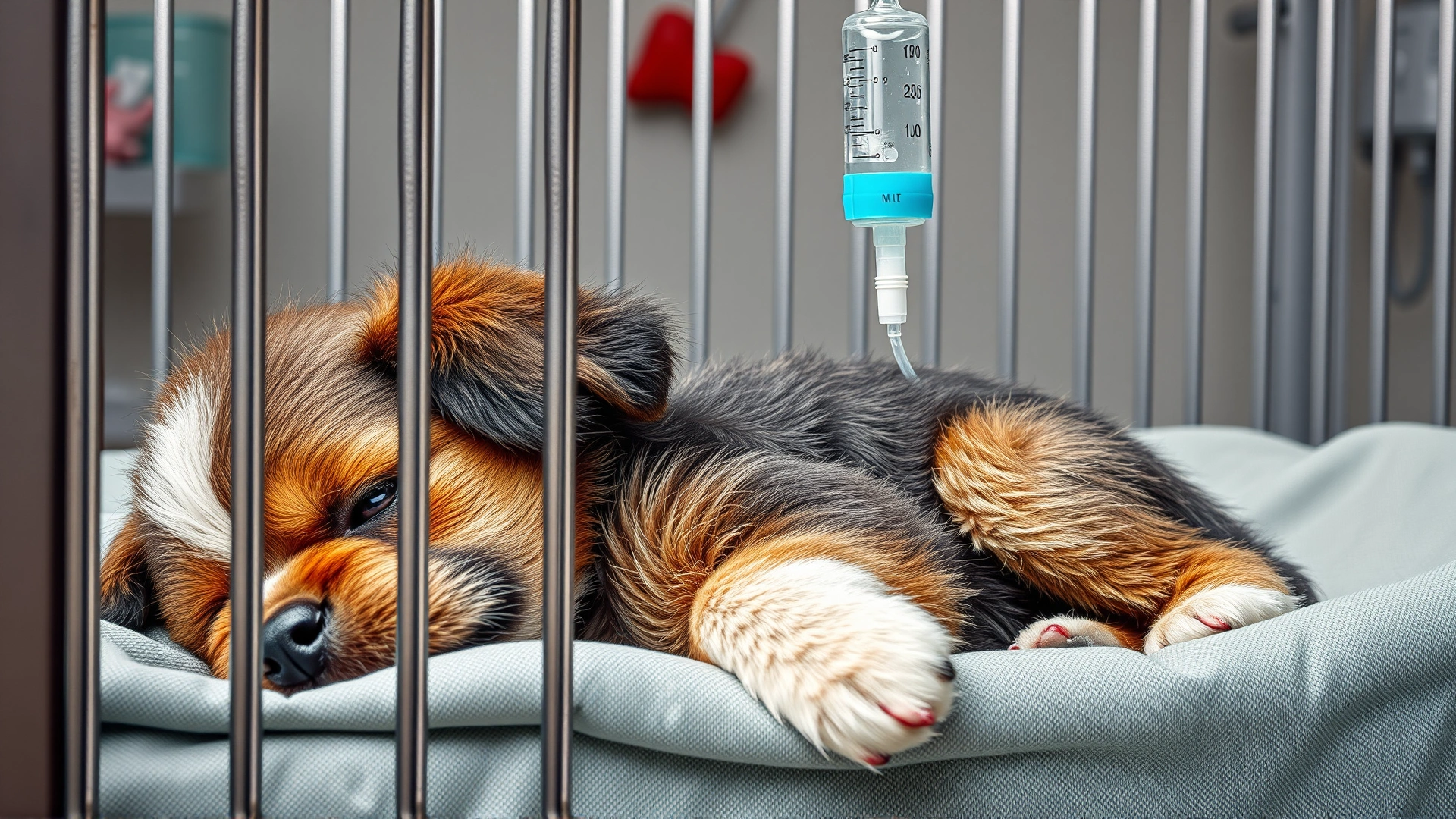 IV fluid drip connected to a recovering puppy resting in a veterinary hospital cage