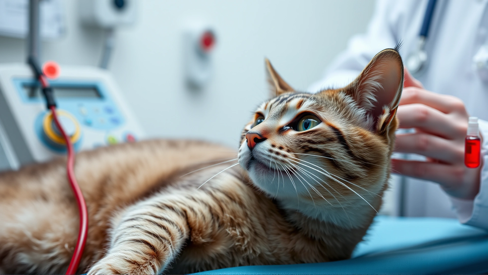 Cat receiving a blood transfusion via intravenous line while a veterinarian monitors the infusion pump