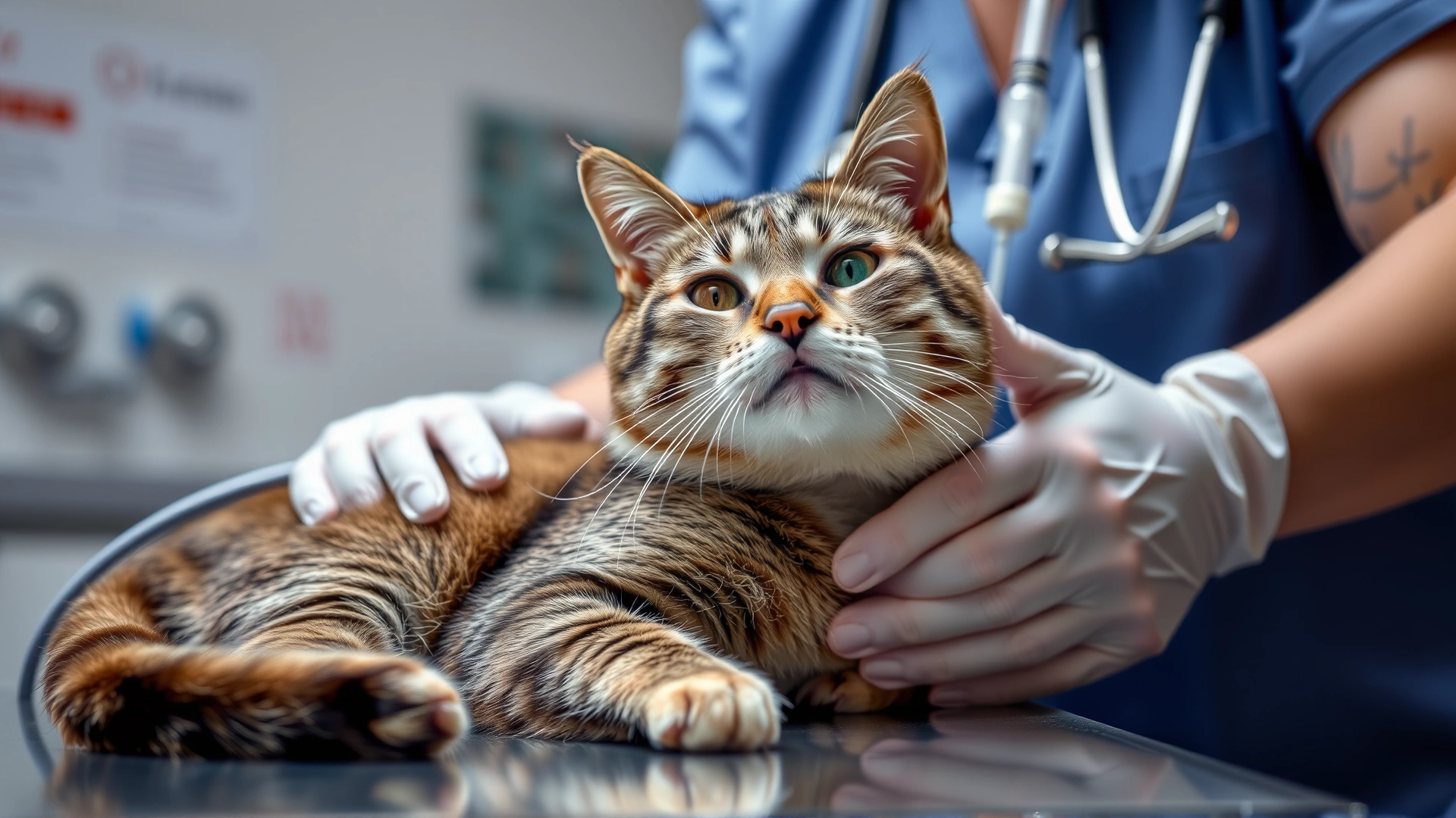 Cat receiving intravenous fluids at a veterinary clinic while a nurse gently holds and comforts it