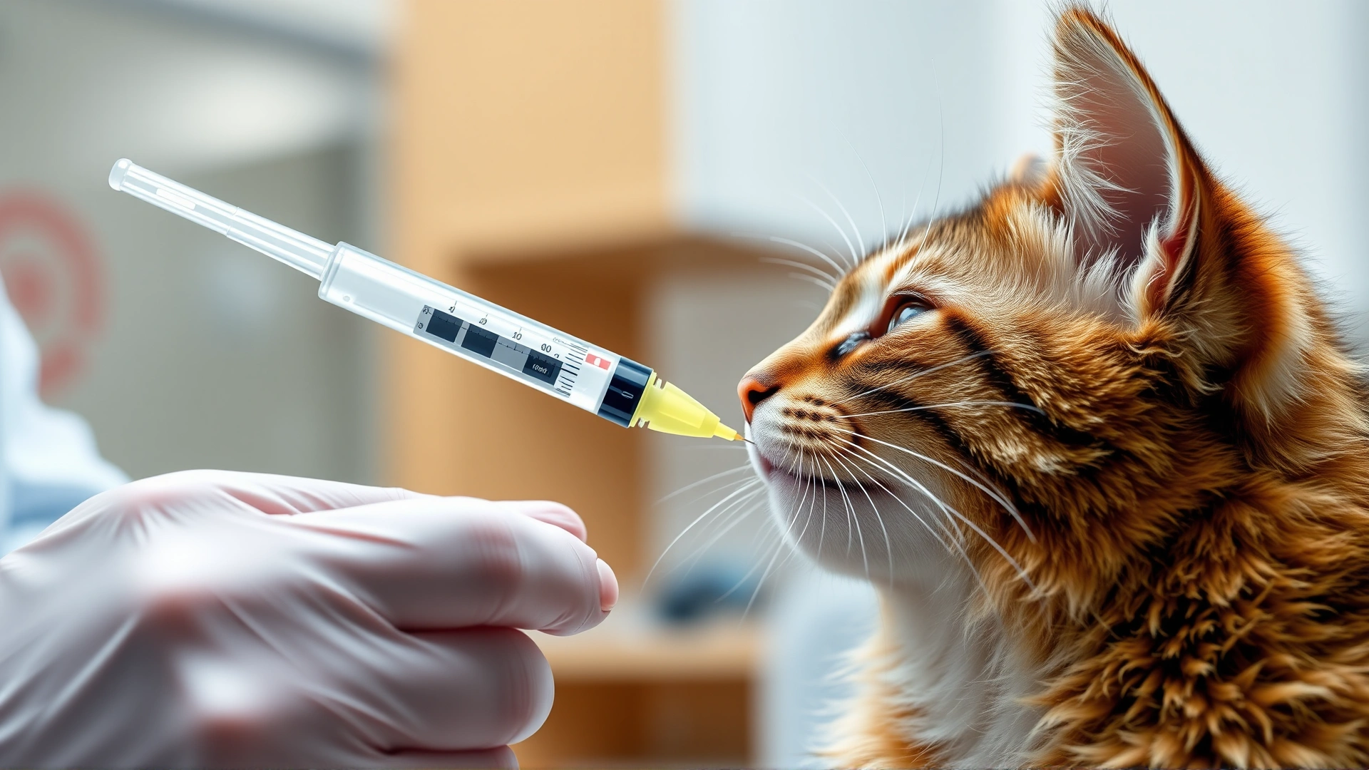 Close-up of a veterinarian giving oral liquid medication to a calm cat using a syringe without a needle, inside a bright exam room.