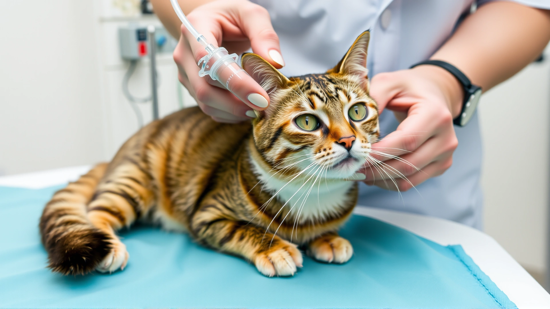 Cat receiving intravenous fluids via catheter while a veterinary nurse adjusts the IV line; sterile hospital environment; high-resolution photo, no text