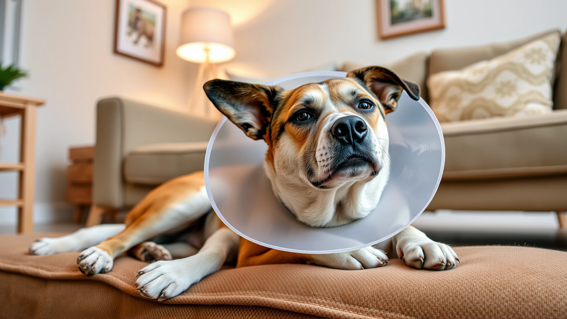 Dog resting calmly in a cozy living room wearing a soft cone collar after veterinary treatment