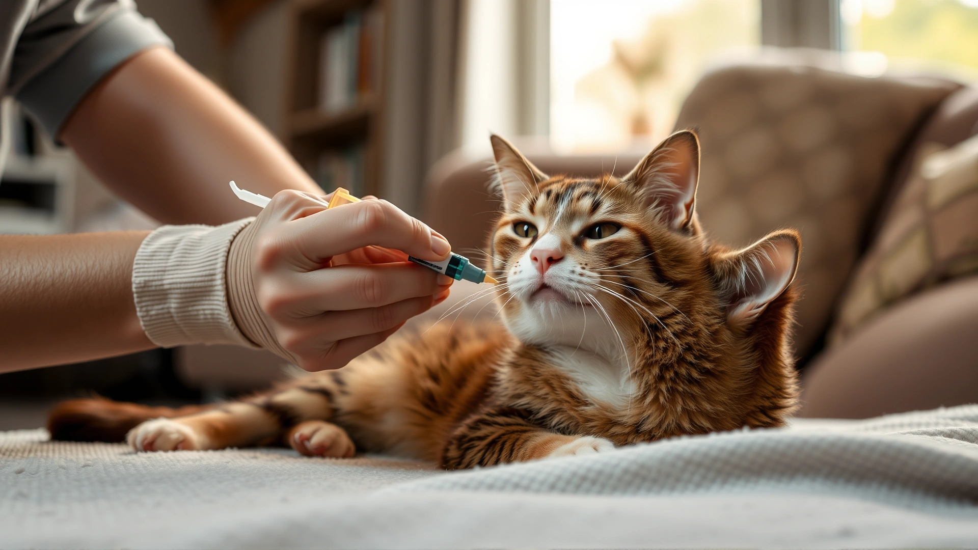 Cat owner administering an insulin injection to a relaxed cat at home; warm indoor lighting, realistic style