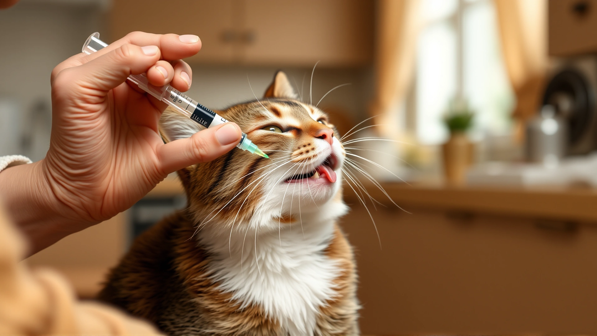 Cat owner administering liquid medication with a small syringe while the cat calmly licks a treat, cozy home kitchen backdrop.