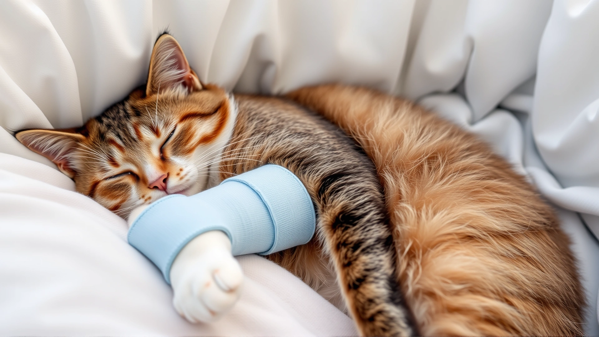 Cat resting in a soft bed with a light blue bandage wrapped around its front leg; represents home care during recovery.