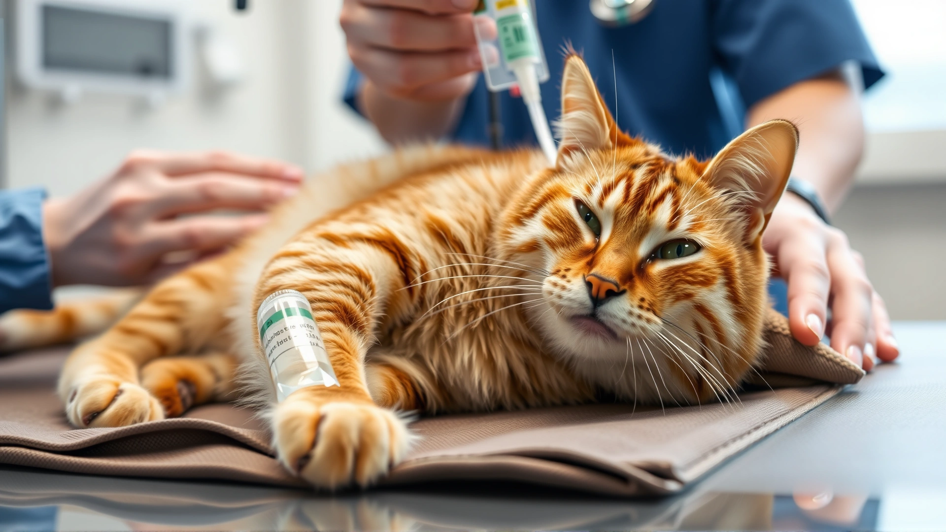 Cat calmly receiving IV fluids through a catheter in its foreleg while lying on a padded table, veterinarian hands visible, bright clinical setting, no text.