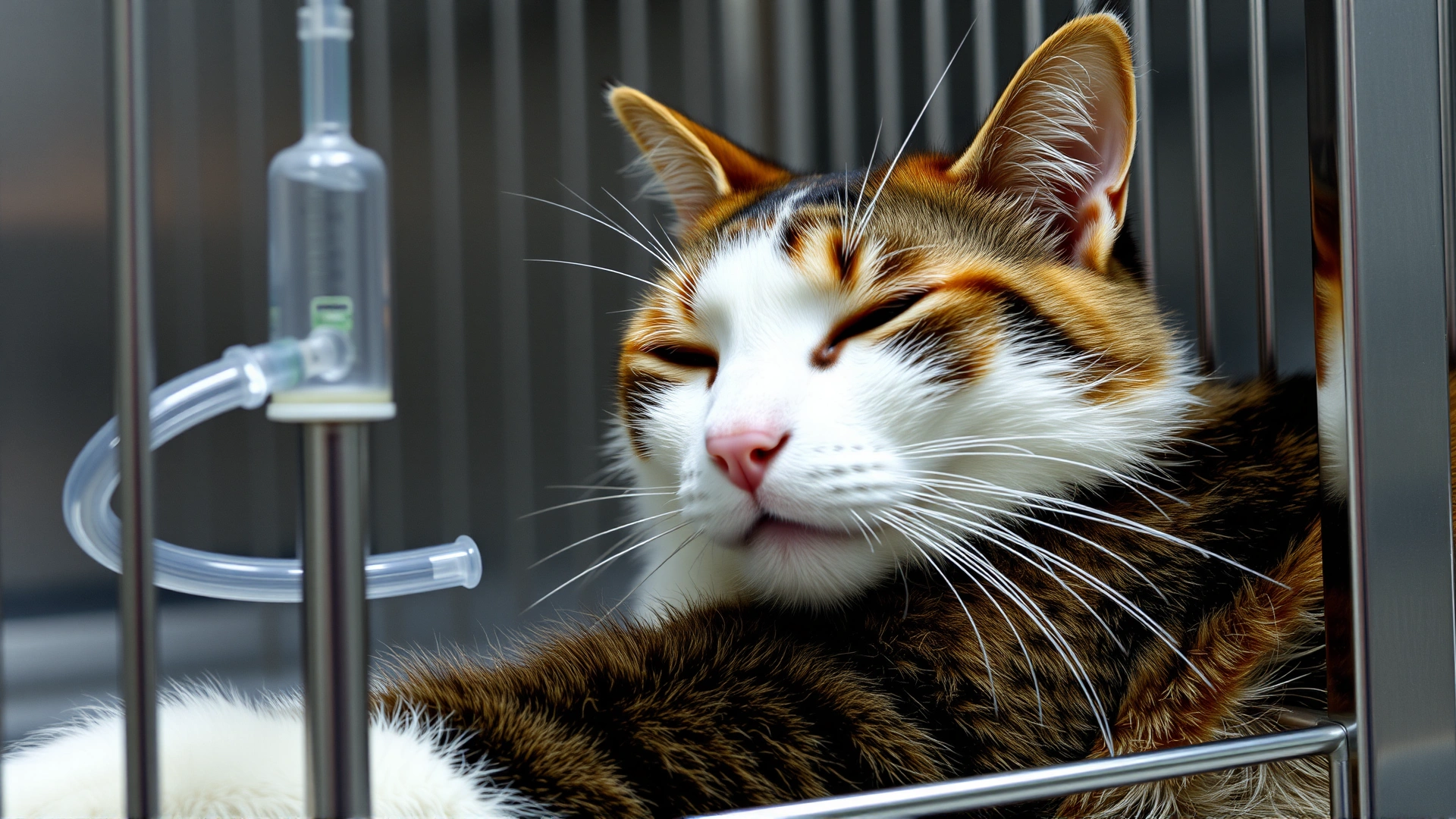 Close-up of intravenous fluid line attached to a calico cat resting calmly in a stainless steel veterinary cage