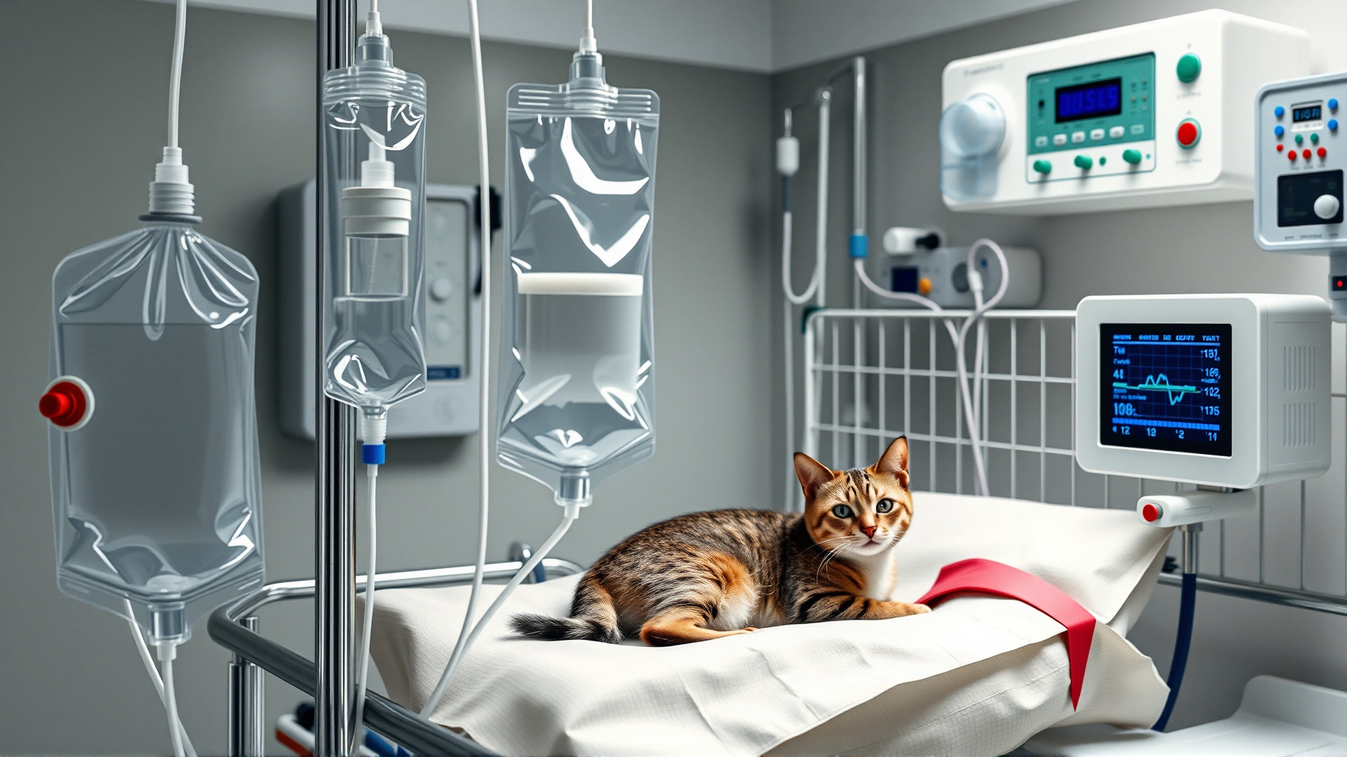 Clinic scene showing IV fluid bags and monitoring equipment connected to a cat in an oxygen cage, highlighting intensive care.