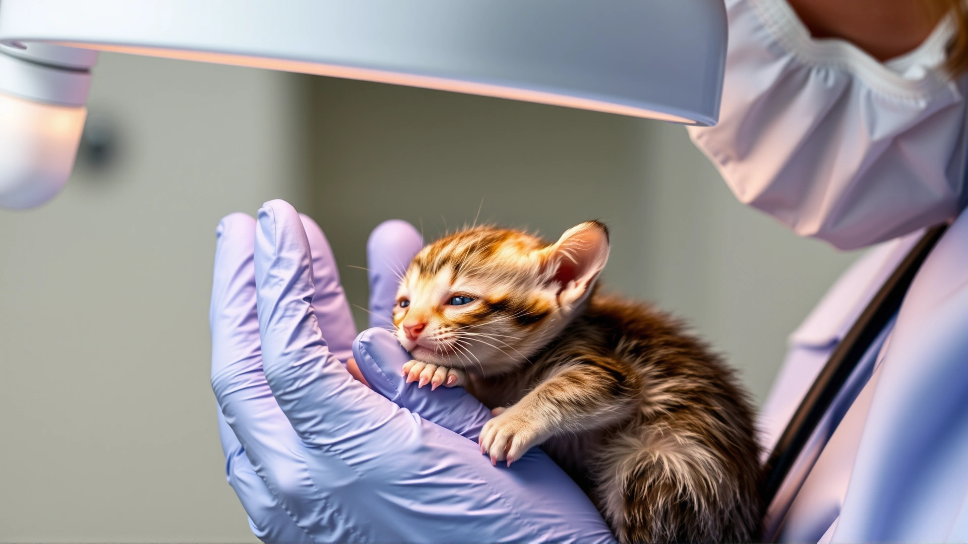 Veterinarian gently holding a premature newborn kitten under a heating lamp, showcasing postnatal care.