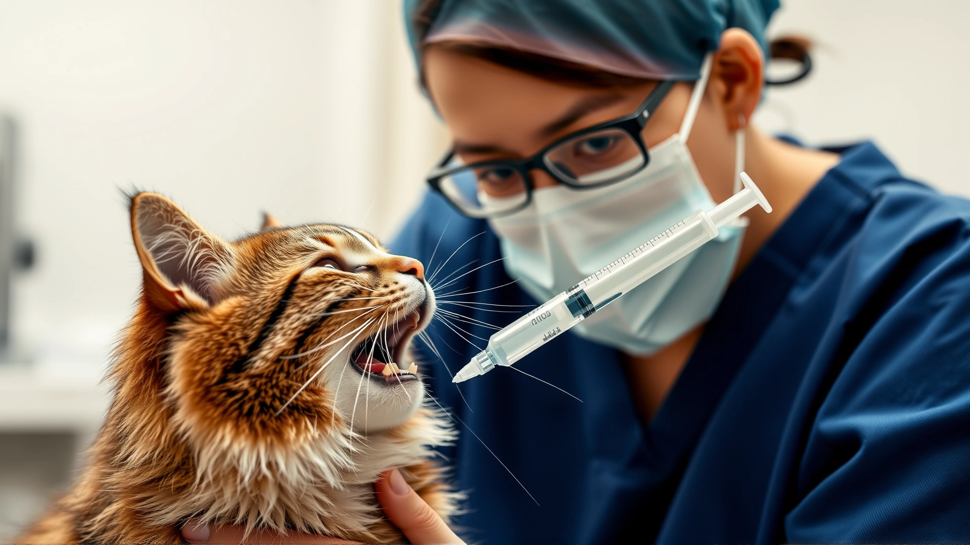 Veterinarian administering liquid medicine with a syringe (without needle) into the mouth of a calm cat, bright exam room, no text.