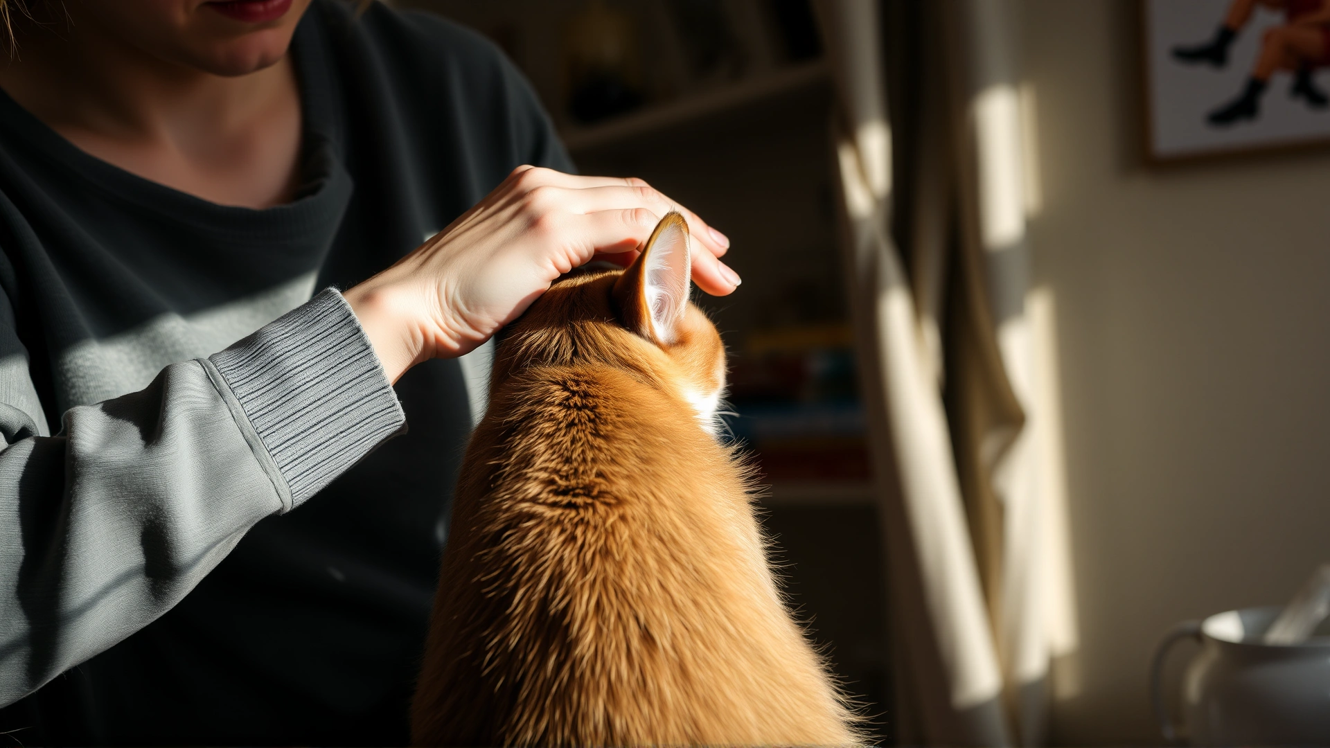 Cat owner applying a topical lotion to a calm cat’s back at home with natural light.