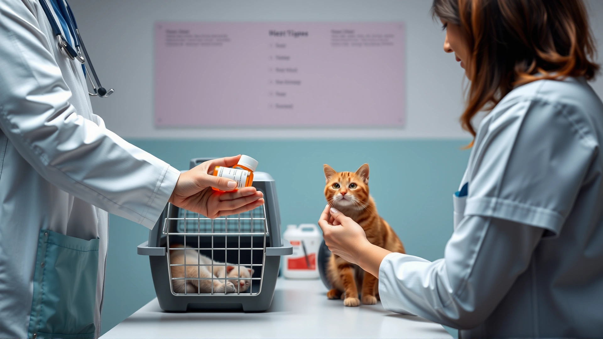 Veterinarian handing prescribed medication bottle to a cat owner while the cat sits calmly in a carrier on the table.