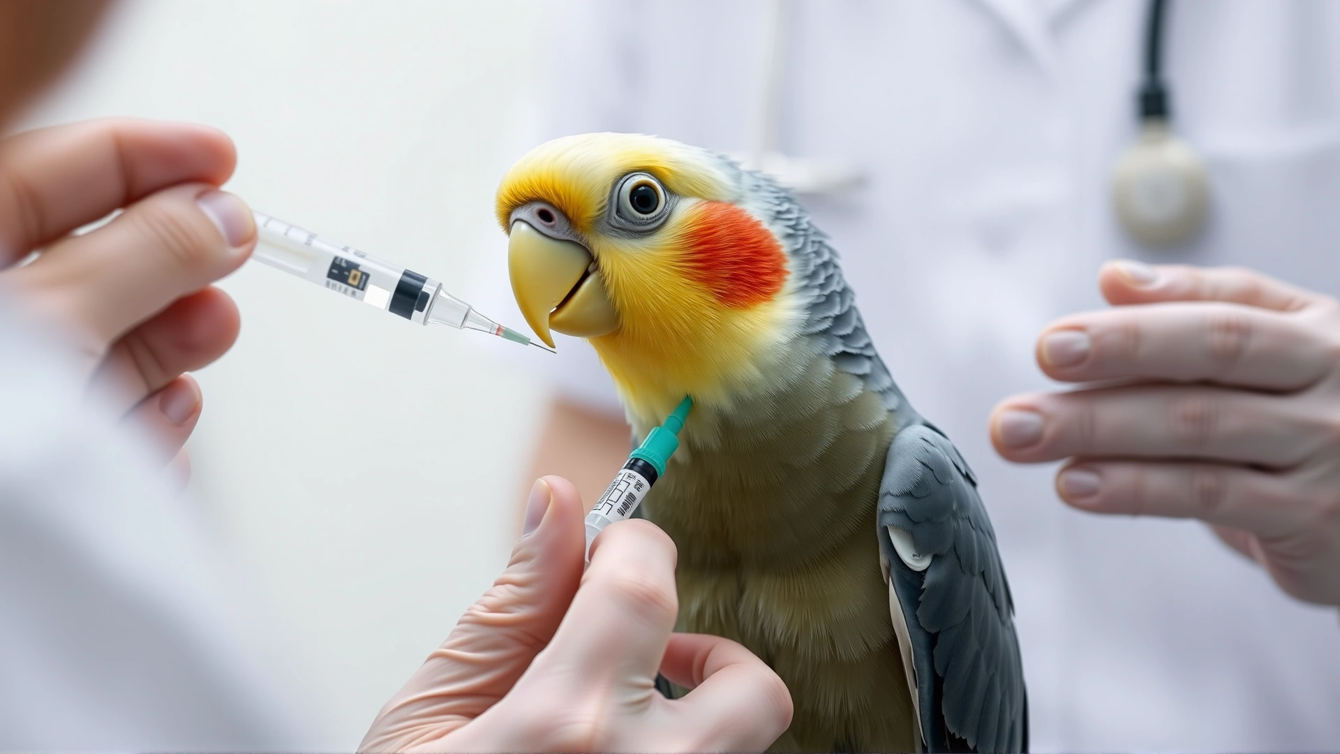 Veterinarian administering oral medication to a cockatiel using a small syringe, gentle and calm environment.