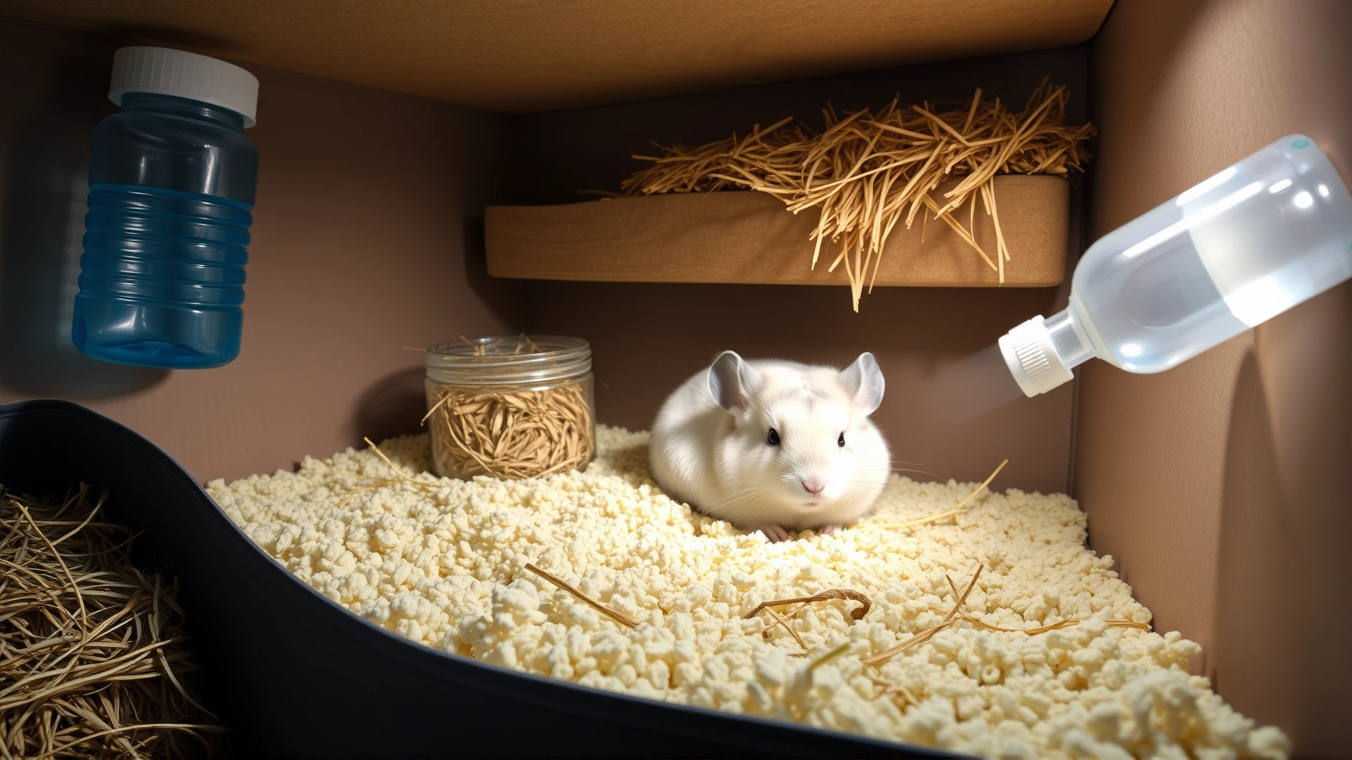 Clean, well-lit chinchilla enclosure with fresh bedding, hay, and a water bottle; a healthy chinchilla resting calmly inside, illustrating optimal post-treatment habitat.