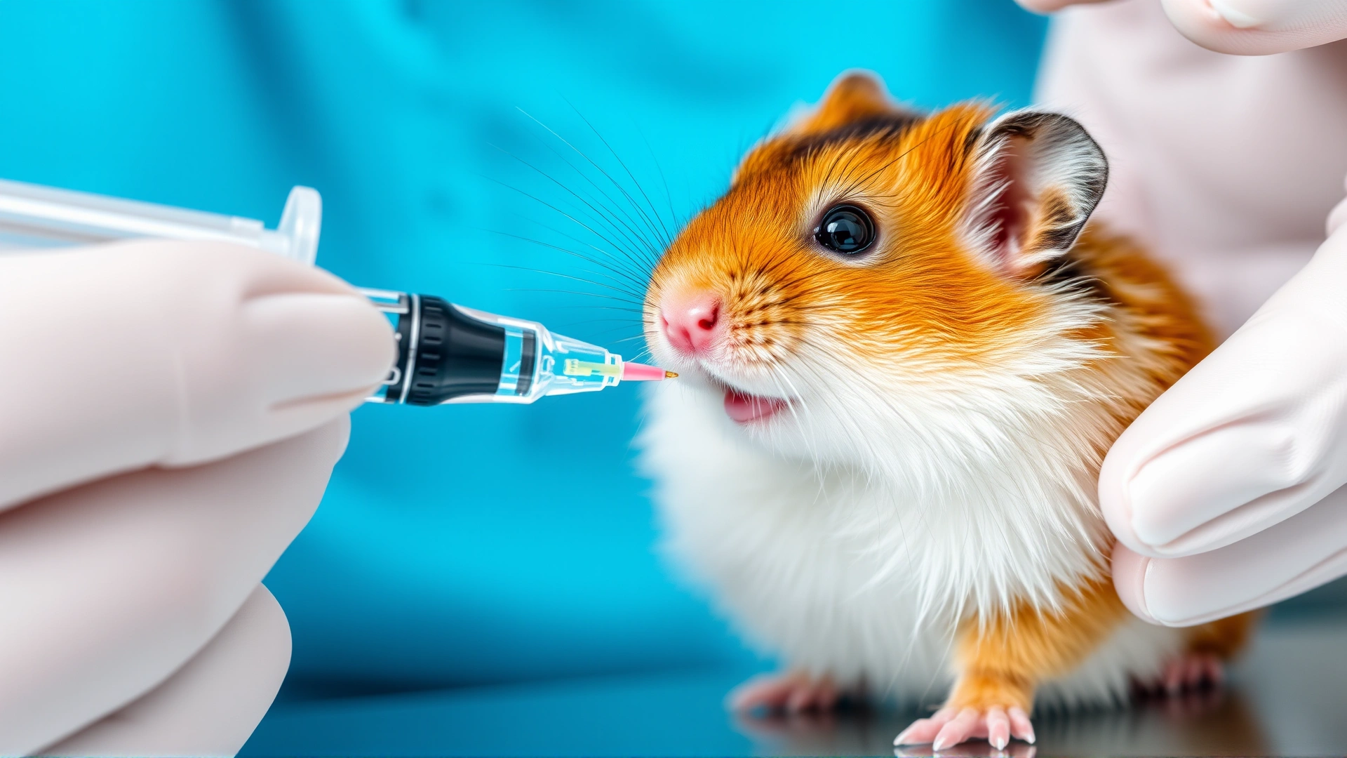 Vet administering liquid antibiotics to a hamster using an oral syringe, close-up