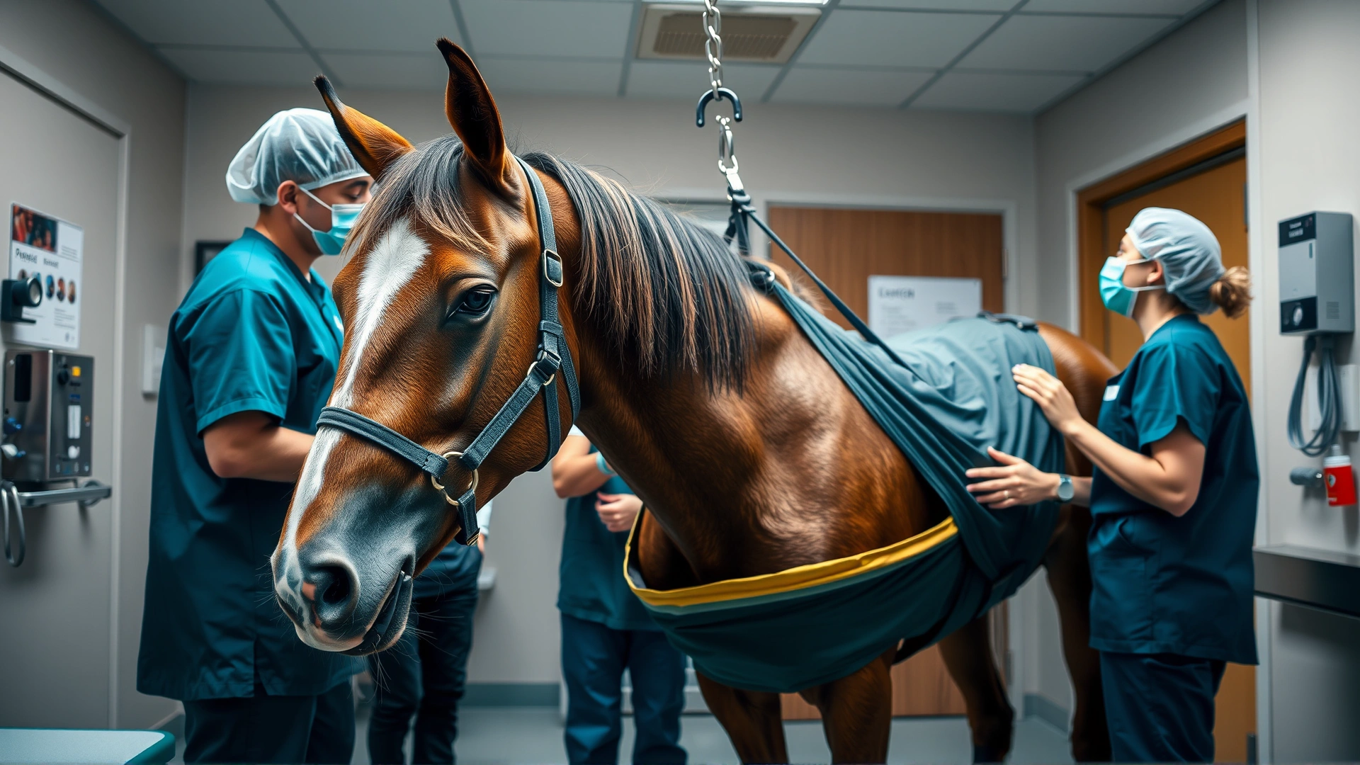 Indoor veterinary hospital scene showing a horse supported in a sling with attentive caretakers, emphasizing supportive therapy.