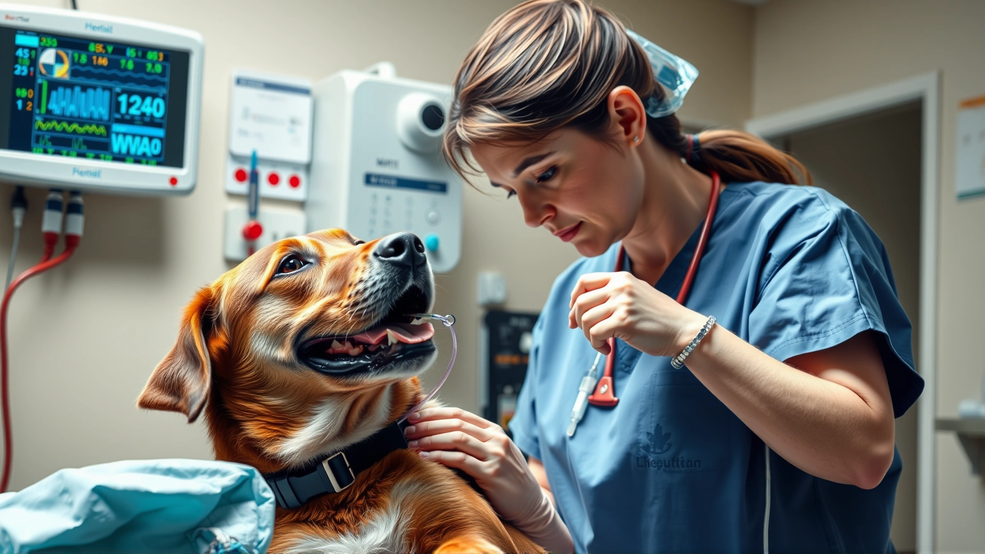 Veterinarian administering intravenous fluids to a hospitalized dog with monitoring equipment in background, highlights medical treatment phase
