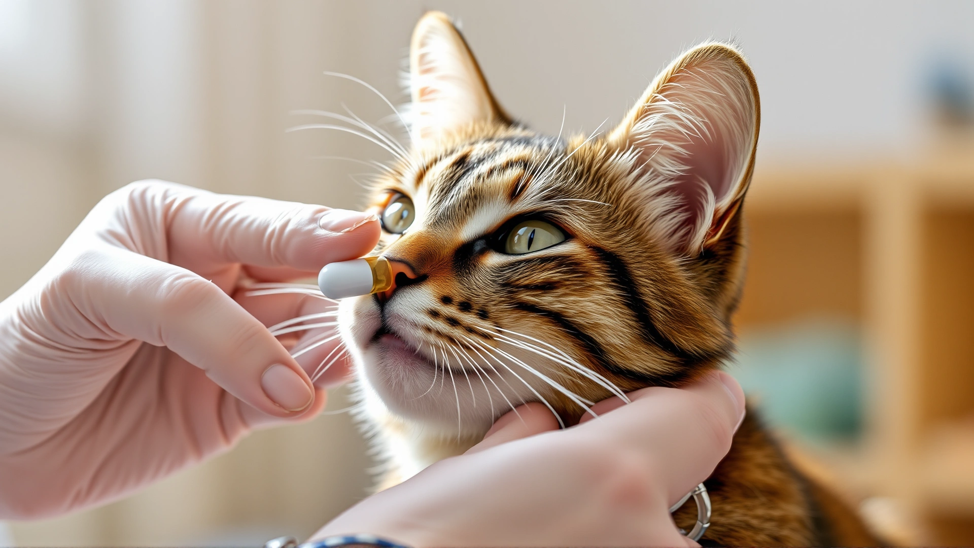 Close-up of caretaker giving an oral pill to a cooperative cat using gentle hands, bright indoor lighting