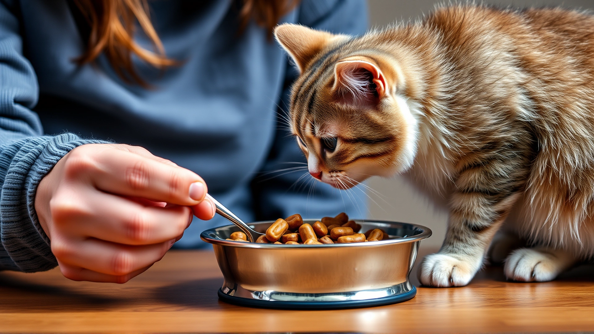 Pet parent offering a small balanced meal to a cat from a stainless steel bowl, emphasizing portion control.