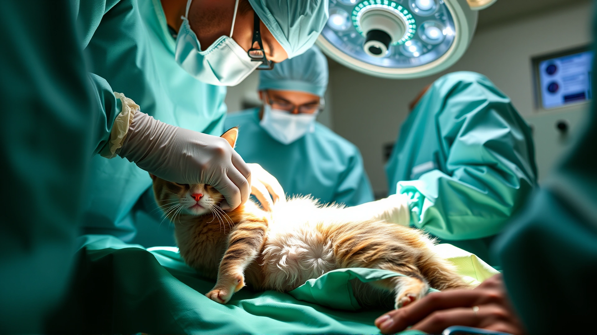 Surgical team in a sterile veterinary operating room performing abdominal surgery on a cat, focus on surgeons' hands and surgical drapes
