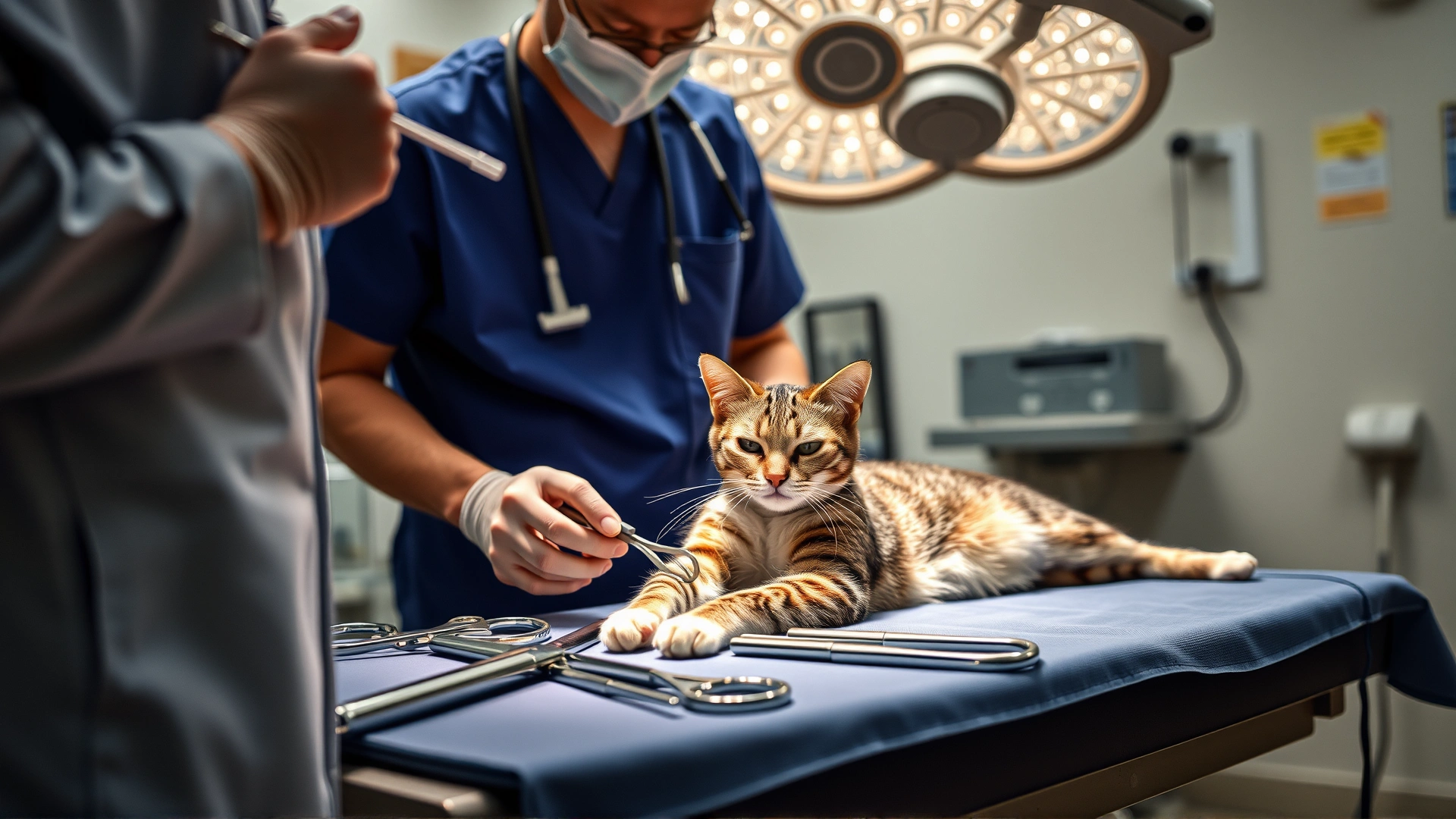 Scene showing a veterinarian preparing sterile surgical instruments with a sedated cat on the operating table in the background