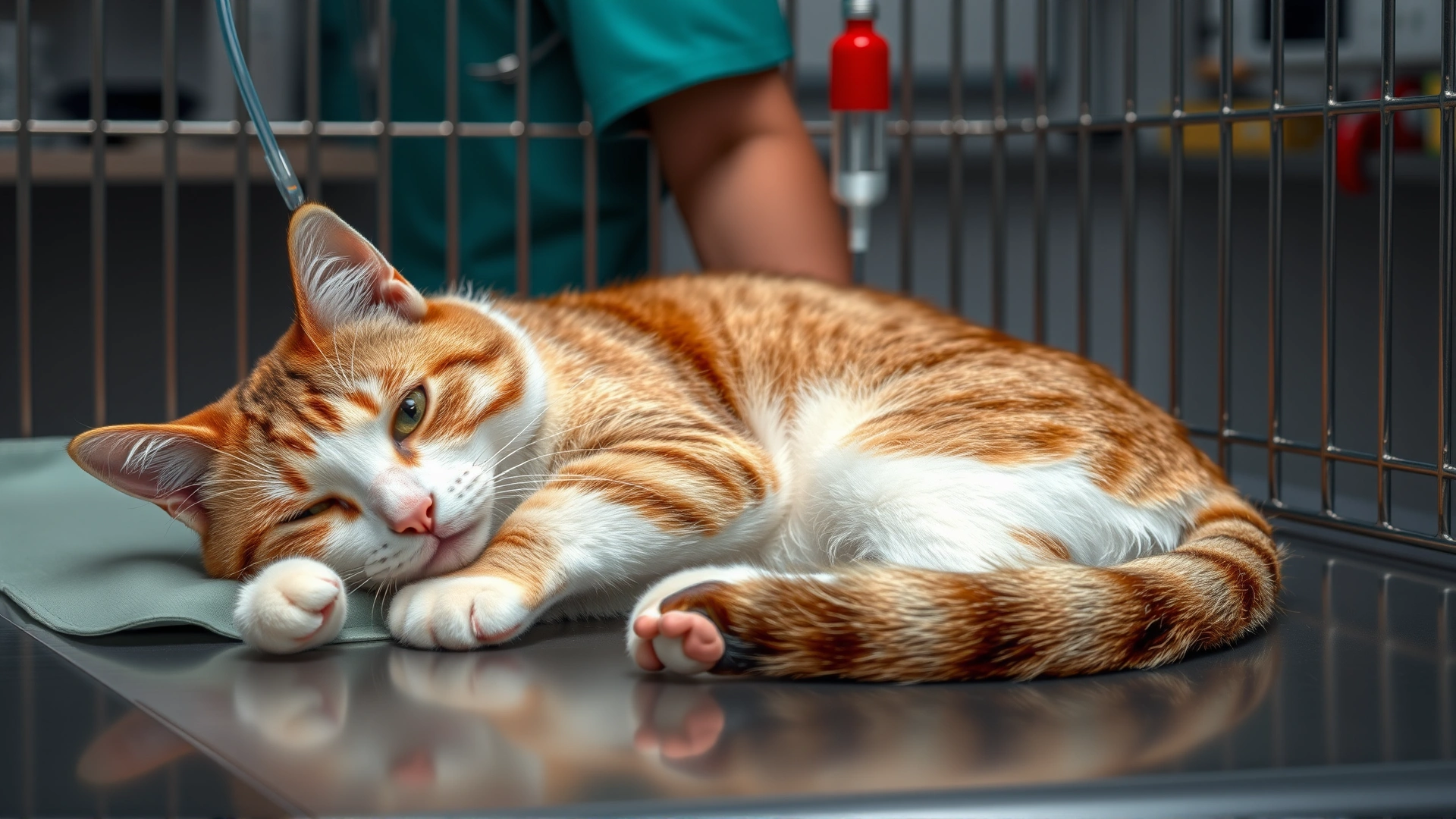 Cat resting in a veterinary hospital cage receiving intravenous fluids while a vet technician monitors vital signs.
