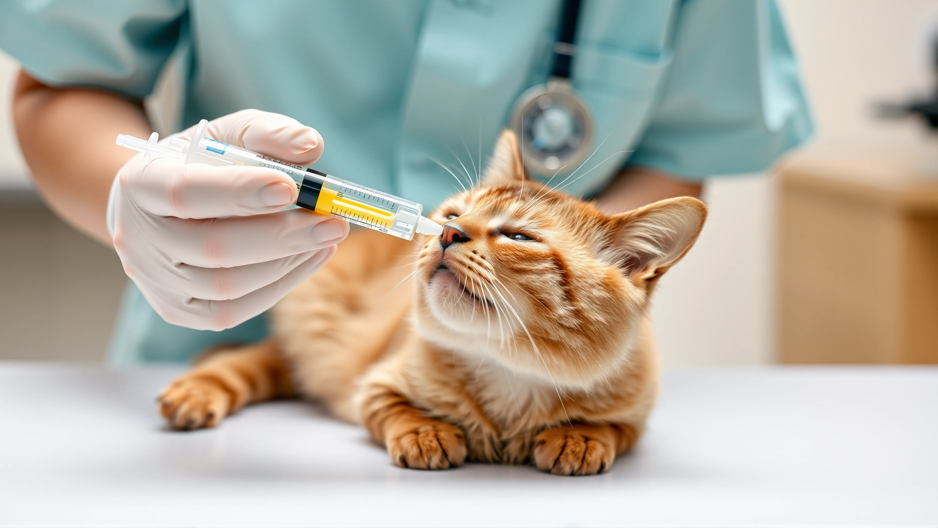 Veterinarian gently administering liquid medication to a calm cat with an oral syringe (without needle) on a clinical table.
