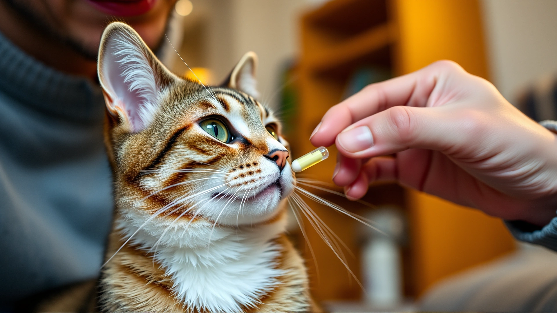 Cat owner gently giving an oral tablet to a cooperative cat at home, close-up, warm indoor lighting