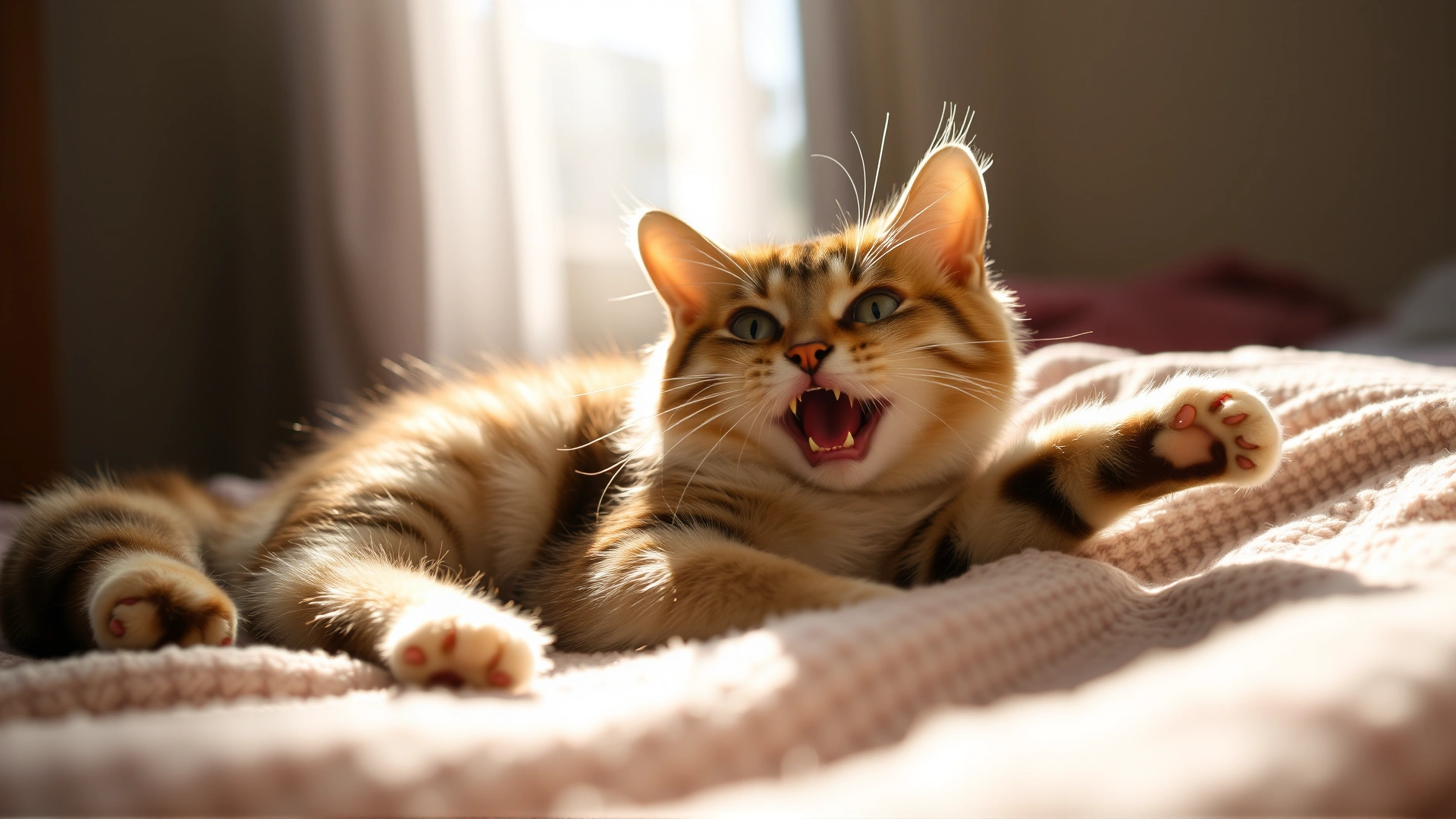 Happy domestic cat stretching comfortably on a cozy blanket near sunlight, relaxed posture and soft warm ambiance