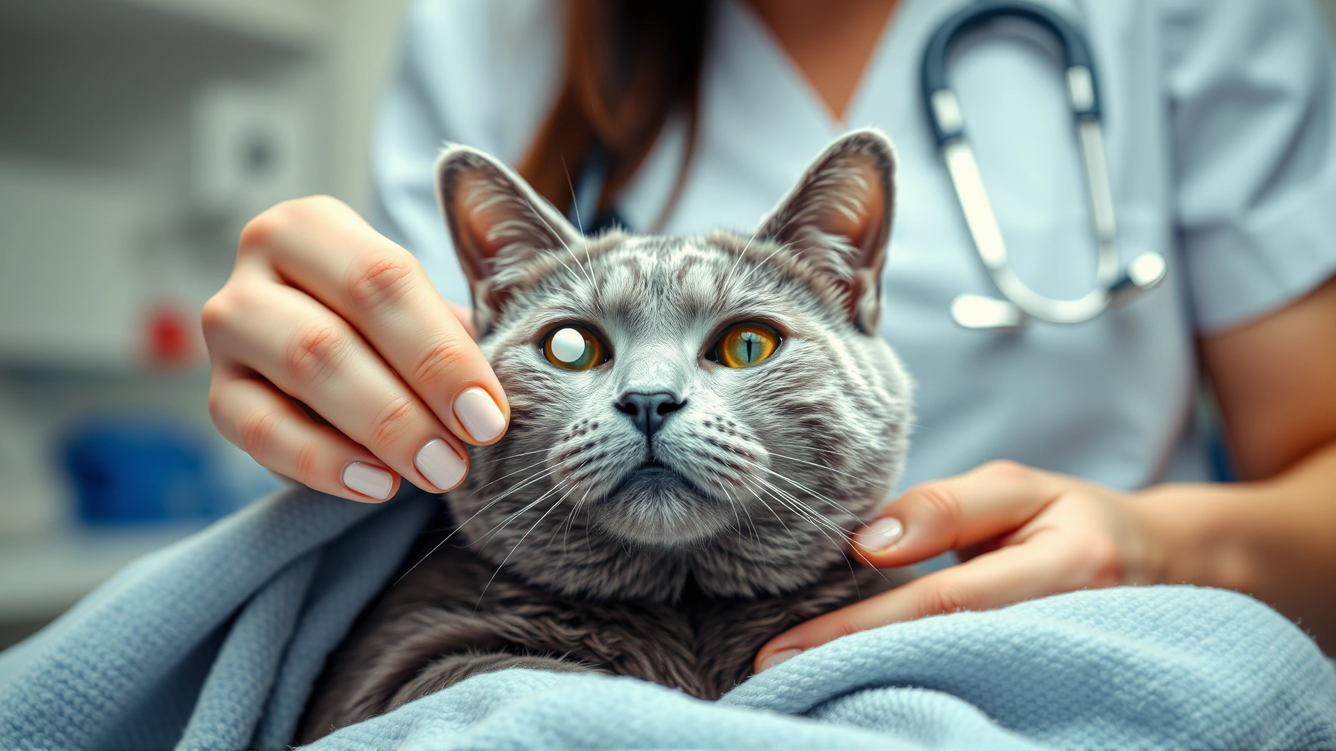 Veterinarian hand giving a small pill to a calm grey cat, cat wrapped in a towel, clinic background slightly blurred, no text.