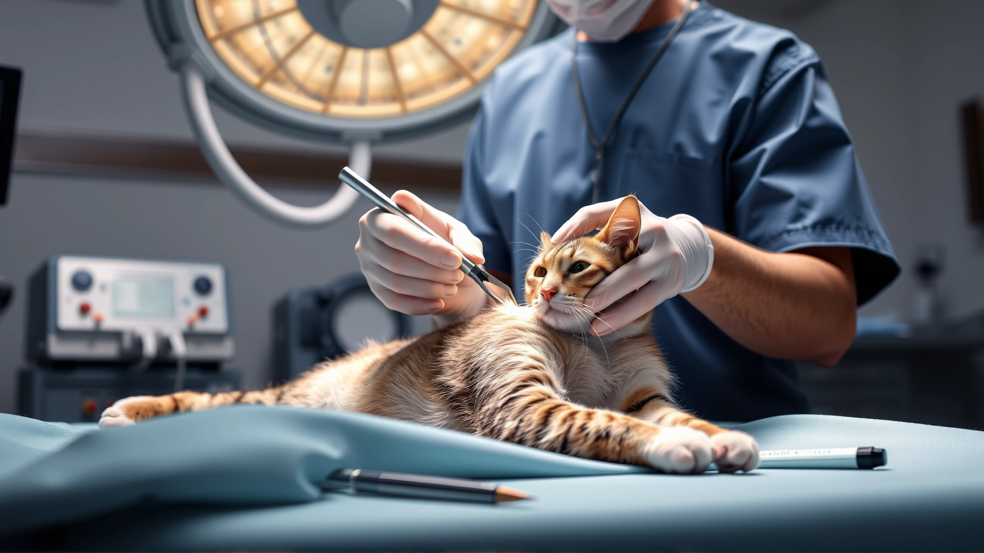 Surgery scene with a veterinary surgeon in scrubs performing a meticulous skin tumor removal on a sedated cat, sterile operating theater.