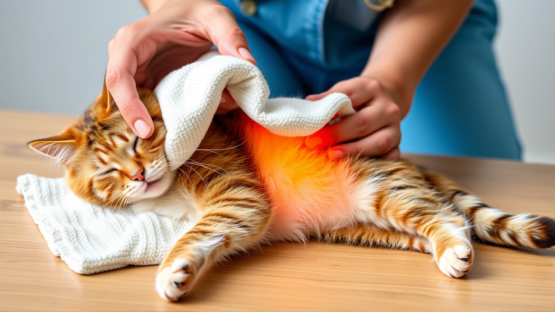 Pet owner’s hands applying a warm compress with a soft cloth to a cat’s lower abdomen while the cat rests calmly.