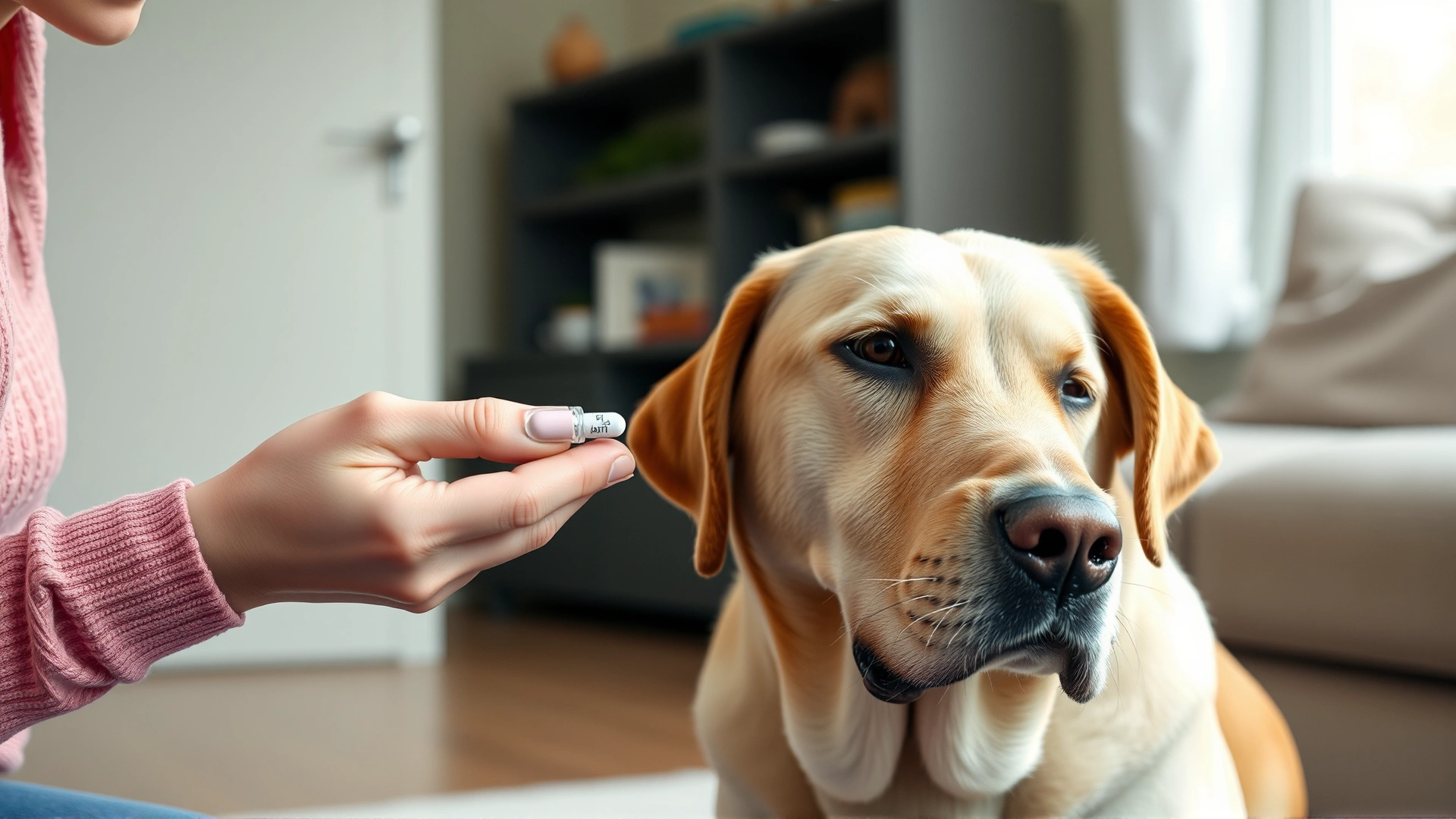 Dog owner giving a small thyroid pill to a calm Labrador retriever, home environment, soft natural lighting