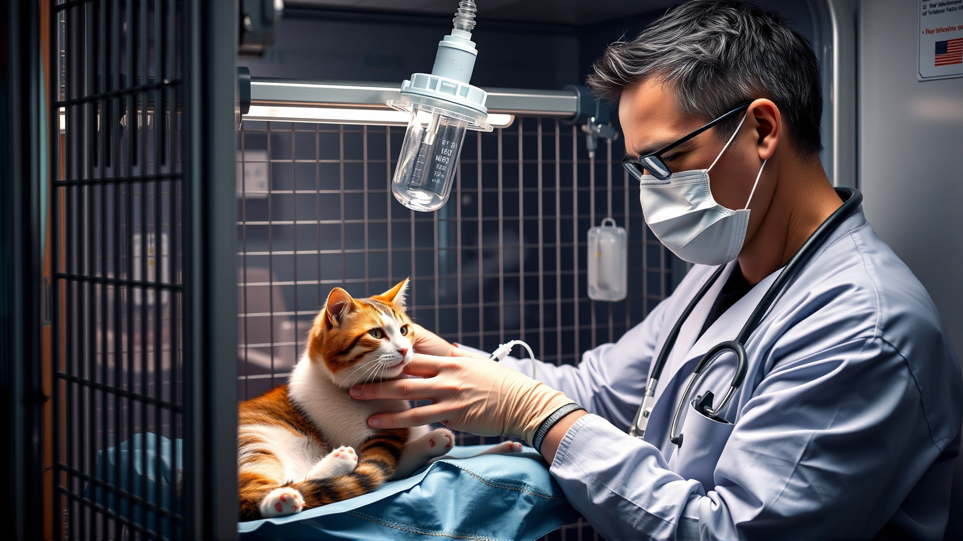 Vet administering intravenous medication to a cat inside an oxygen cage in an emergency setting