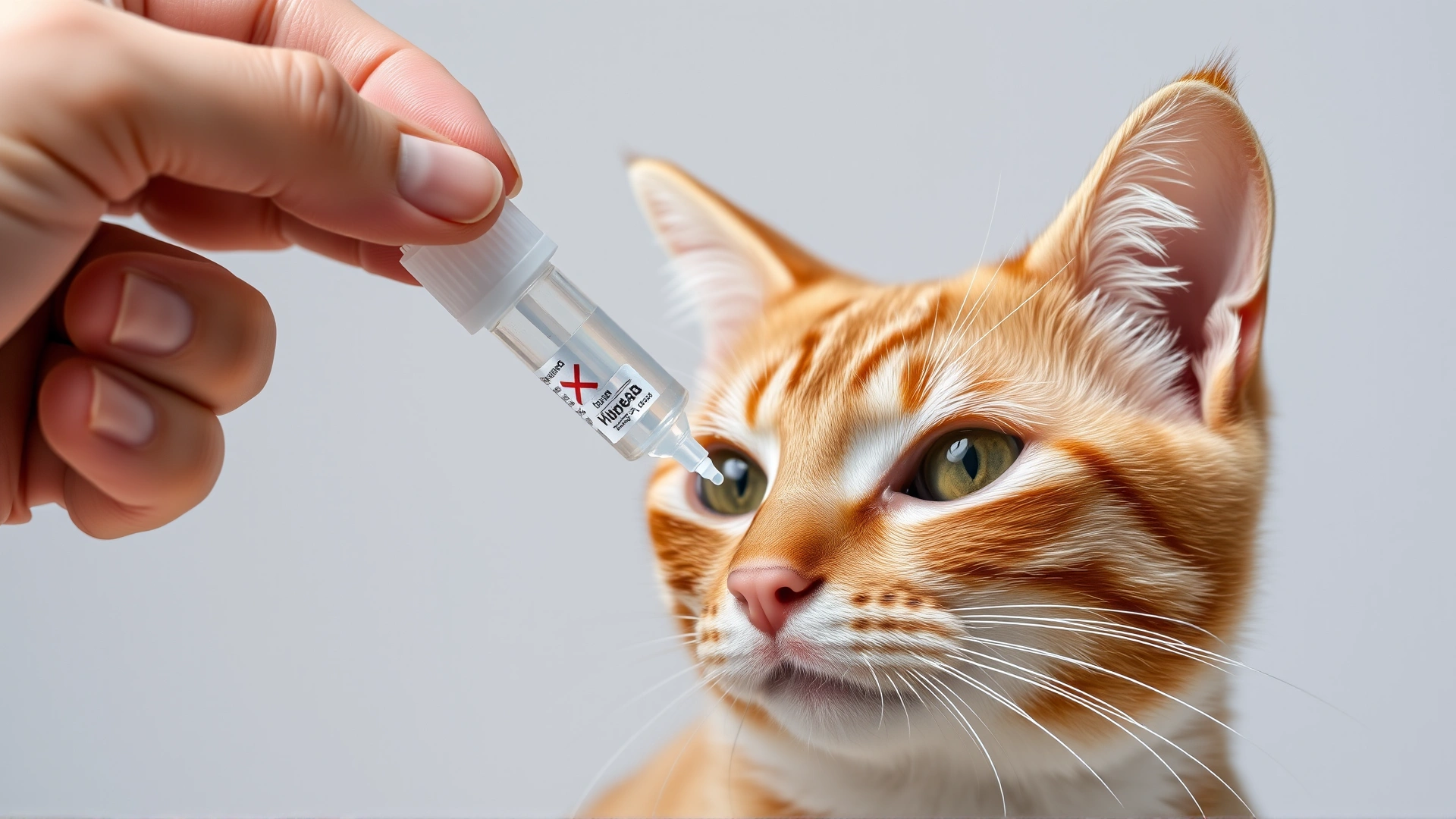 Human hand gently applying prescription eye drops into a calm orange tabby cat’s eye, neutral background