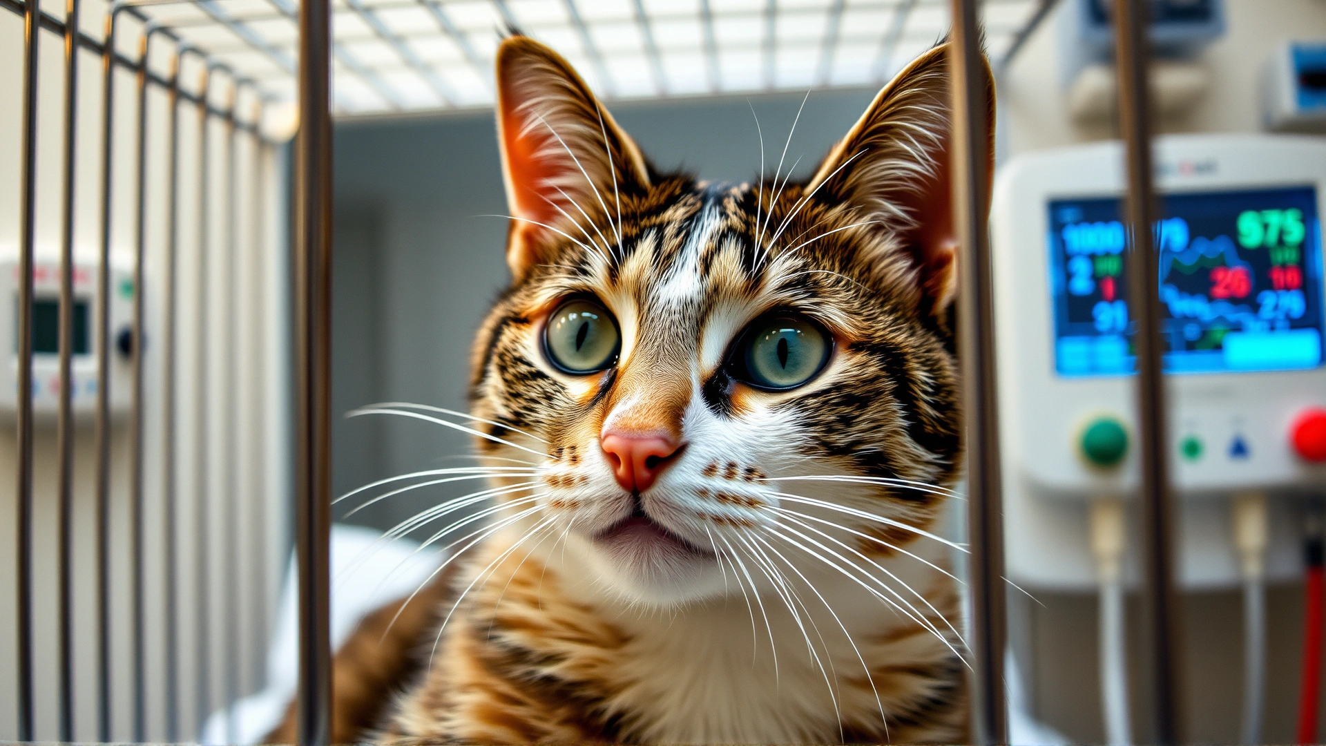 Close-up of a cat in a hospital cage receiving intravenous fluids with monitoring equipment in background