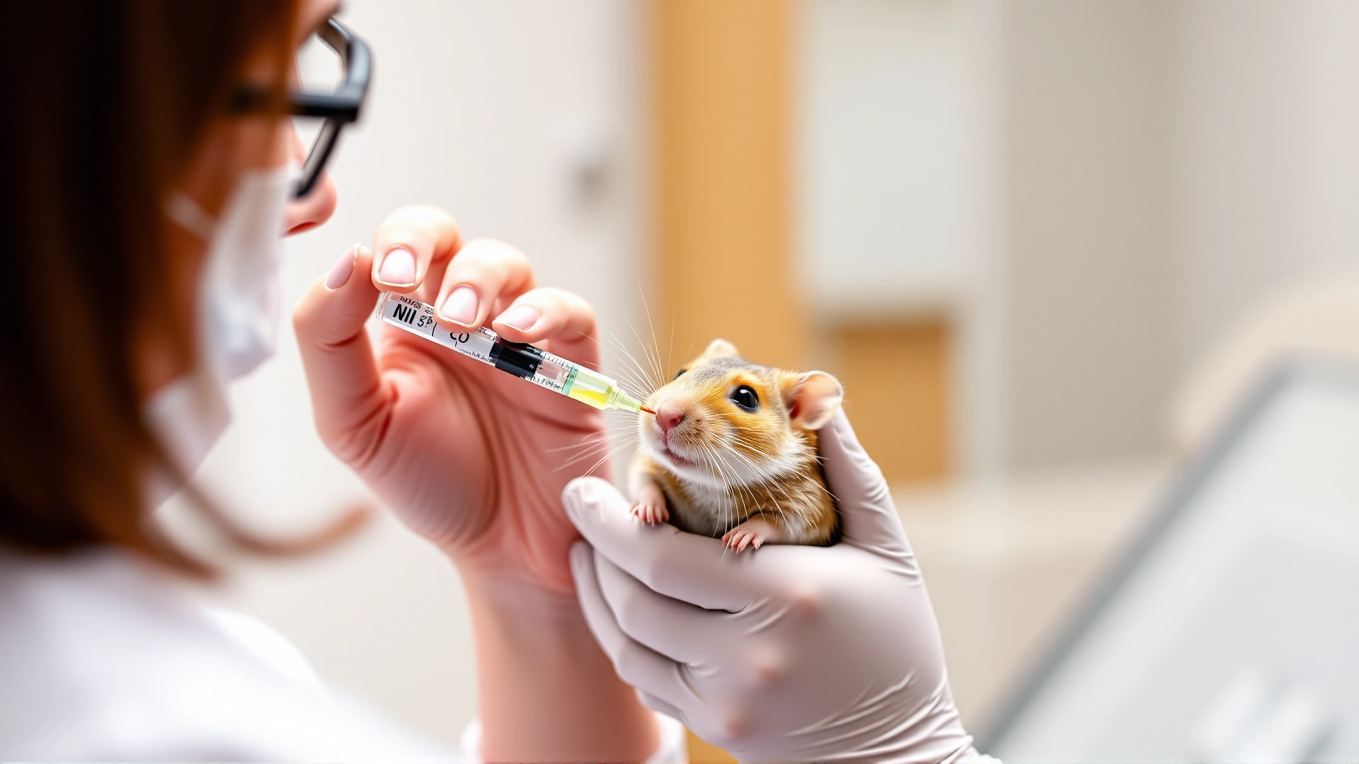 Veterinarian administering liquid medication to a gerbil with a small syringe, indoor clinical setting