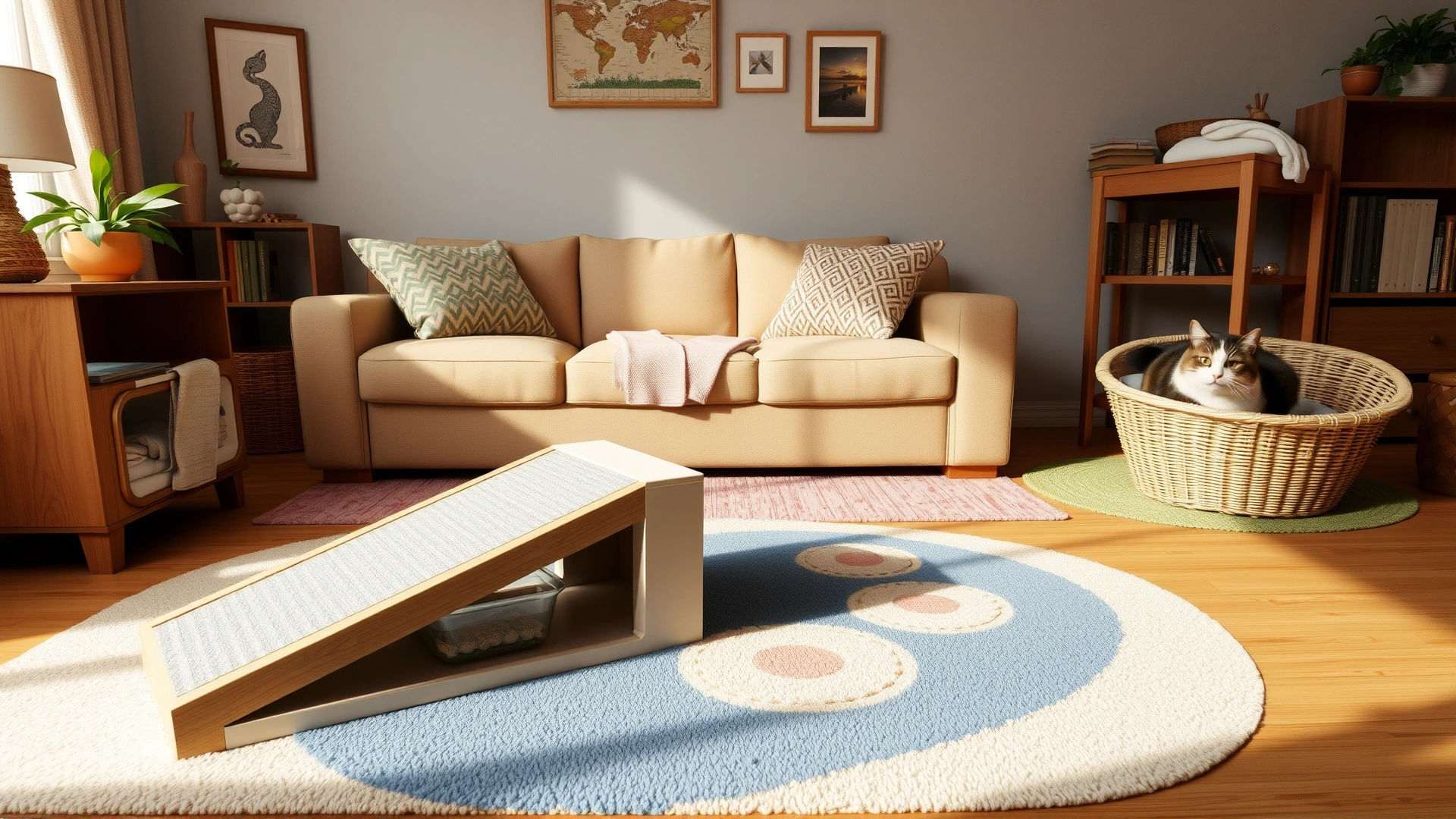 Cozy living room adapted for special-needs cat: ramps, low litter box, non-slippery rugs, cat resting comfortably