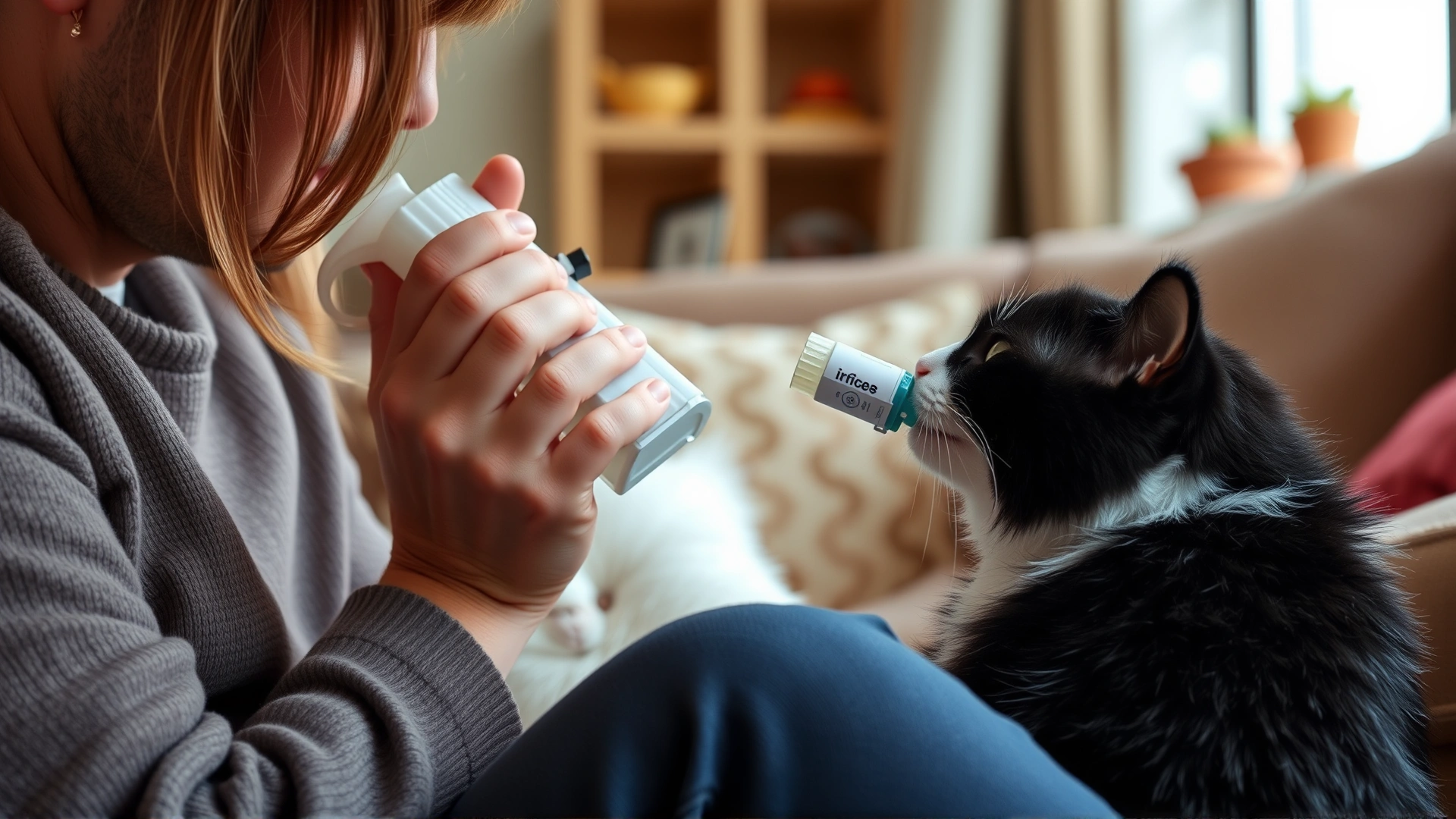 Owner administering inhaler with spacer mask to a seated black-and-white cat in a cozy living room.