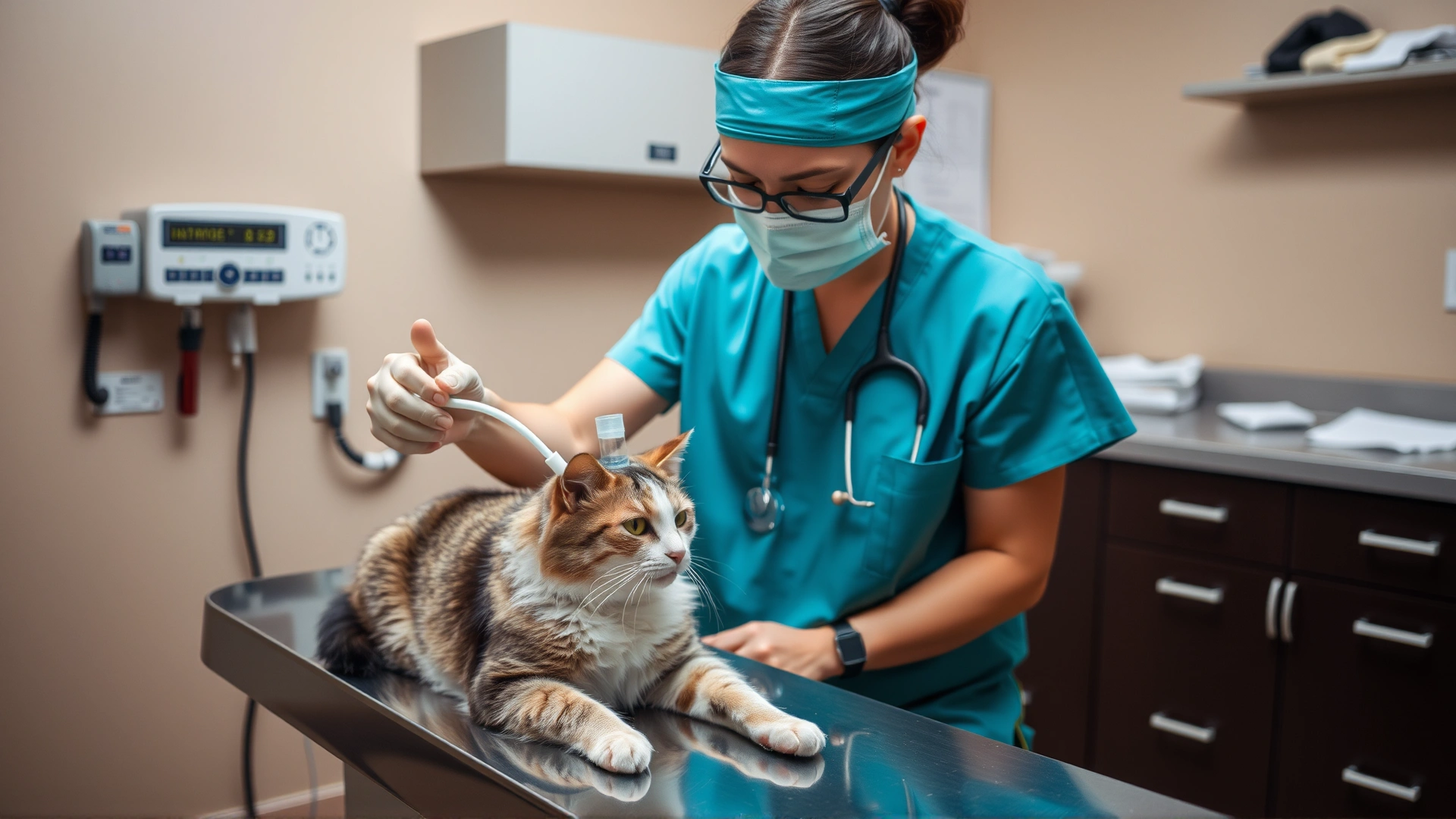 Veterinarian wearing scrubs administering oxygen via mask to a cat on exam table, veterinary clinic setting