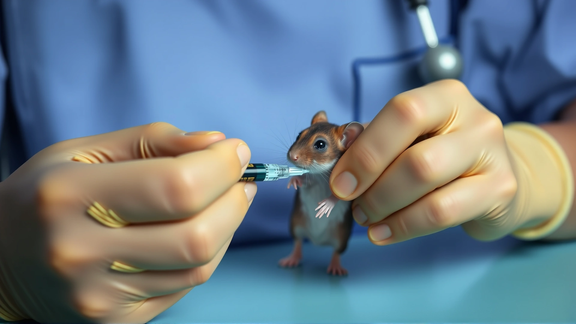 Veterinarian administering an injection to a small rodent using a tiny syringe, clinic setting, focus on hands and syringe