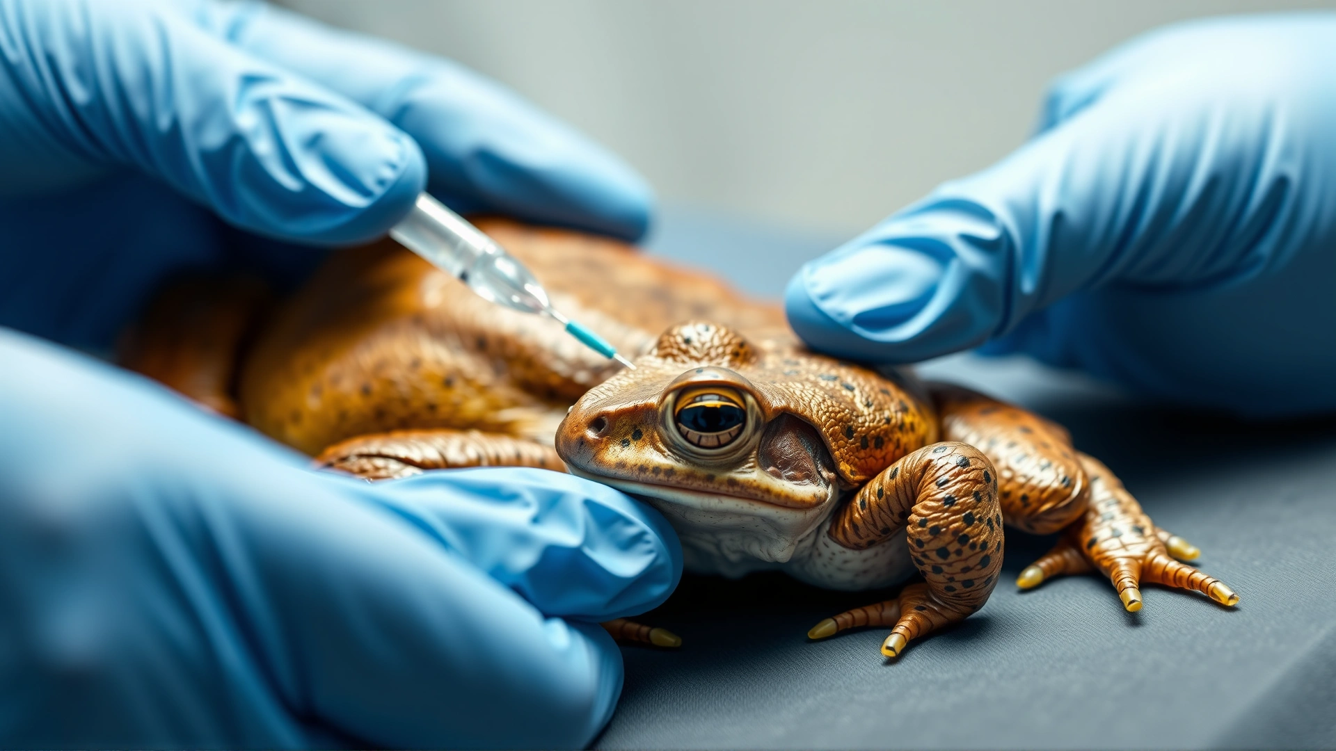 Close-up of hands wearing blue gloves gently administering an injection to a sedated frog, sterile environment, focus on the syringe and frog, no text.