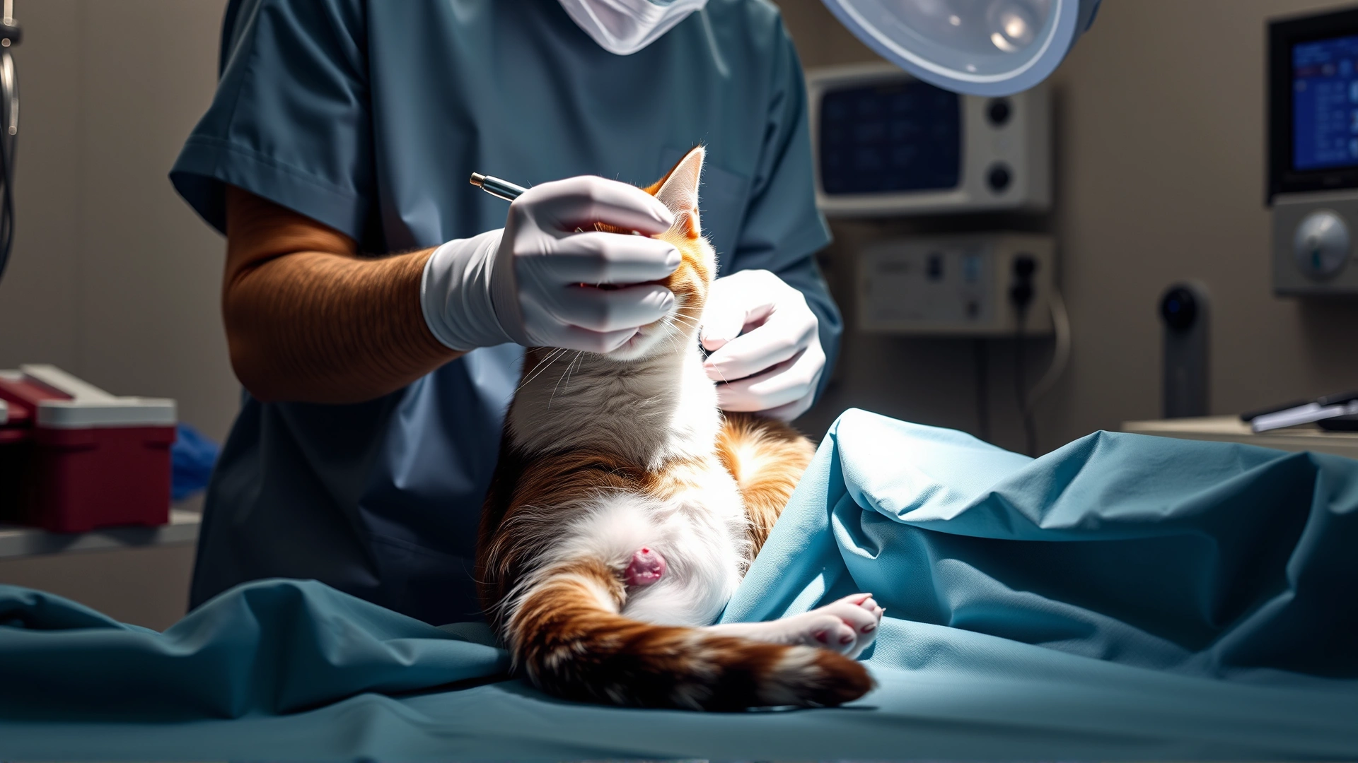 Sterile operating room scene where a veterinary surgeon in scrubs is excising a tumor from a cat’s hind leg, surgical instruments and drapes visible