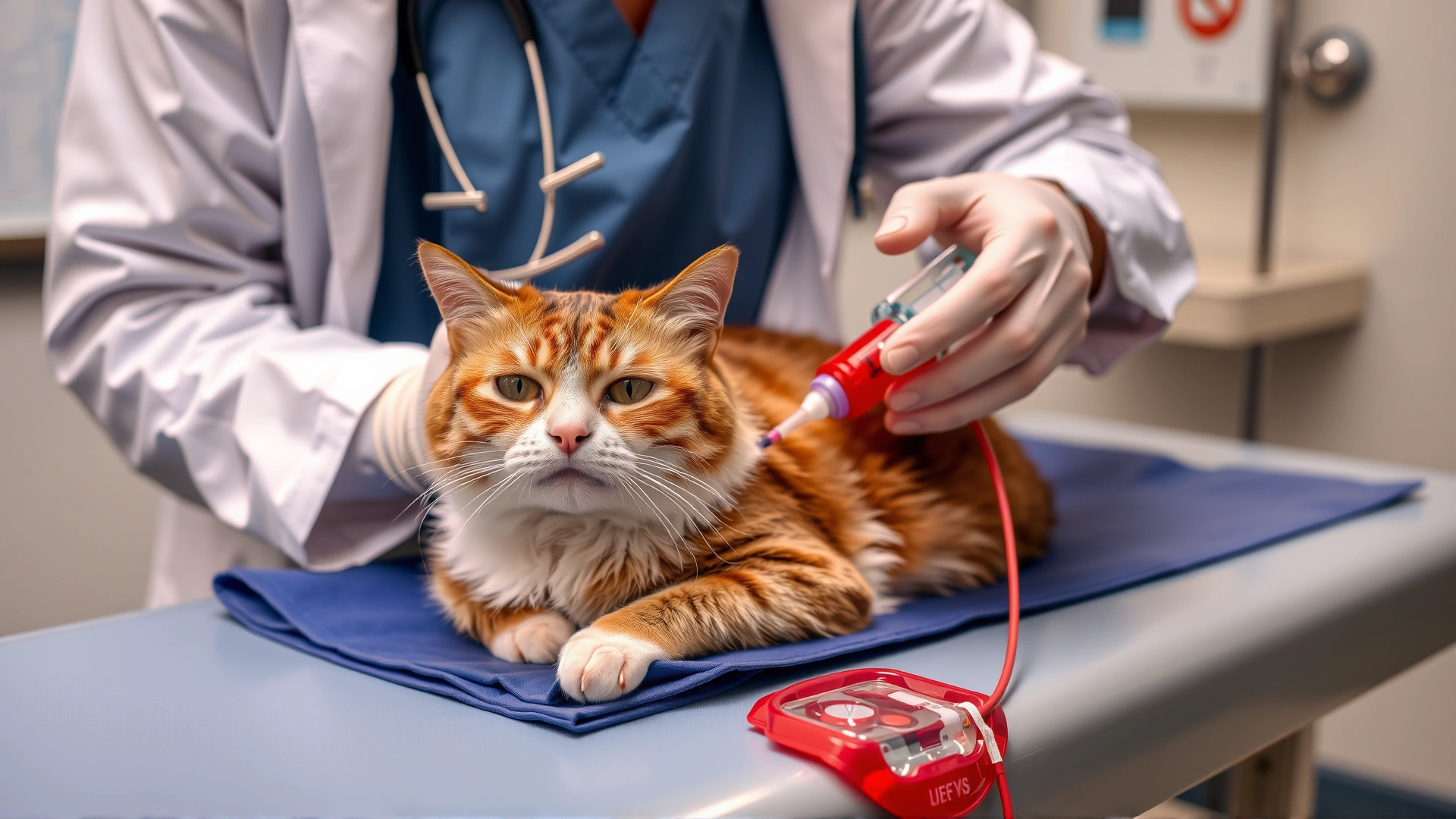 Veterinarian giving an intravenous infusion to a calm cat on an exam table, showcasing blood transfusion treatment for anemia.