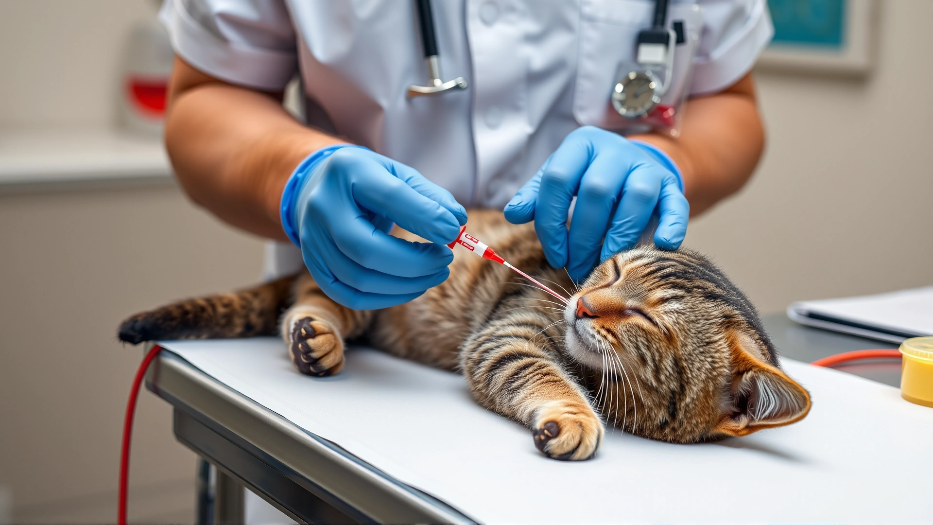 Veterinarian performing therapeutic phlebotomy on a cat using a small catheter and a blood collection bag on a sterile table.
