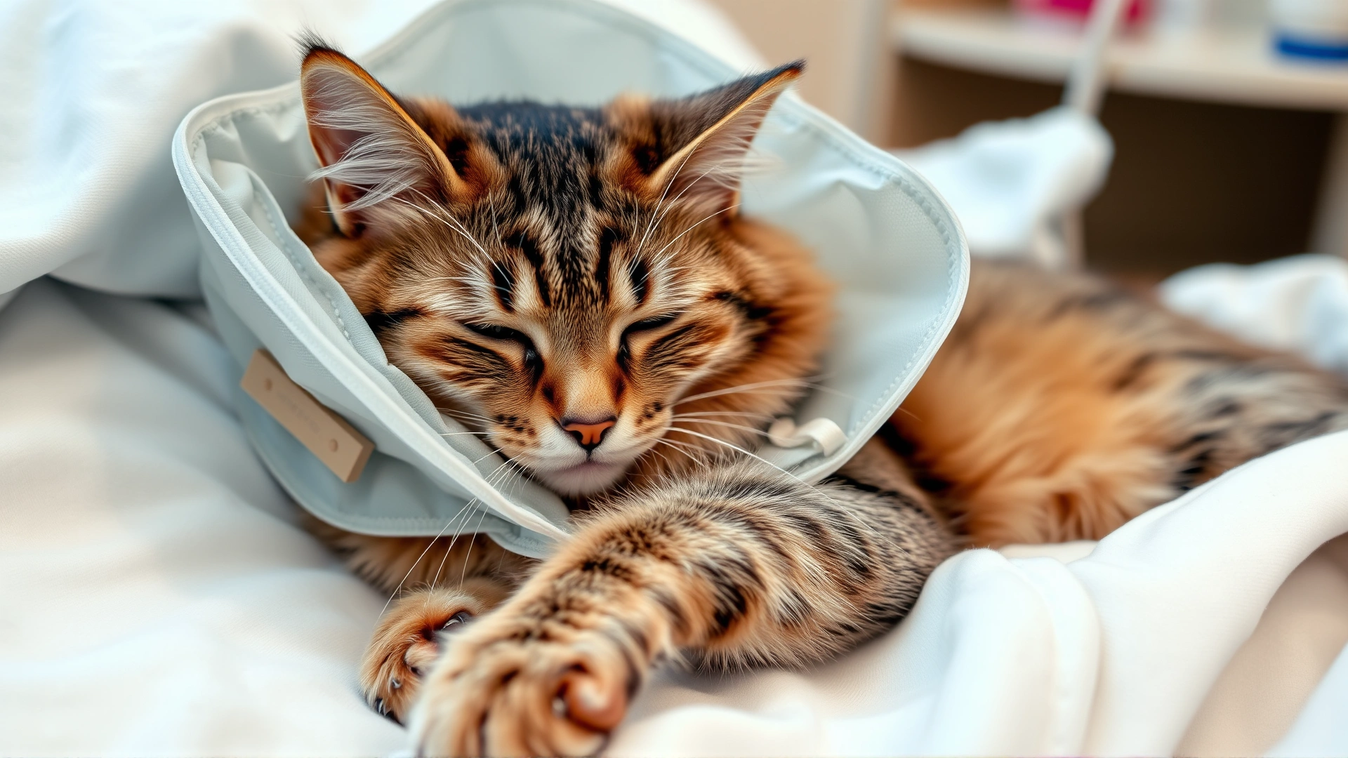 Post-surgery cat wearing a soft recovery collar resting in a cozy bed, stitches on hind leg partially visible.