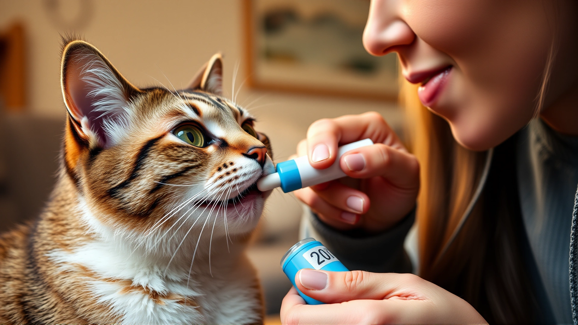 Cat owner giving an oral pill to their cat using a pill popper device in a cozy home environment, warm lighting.
