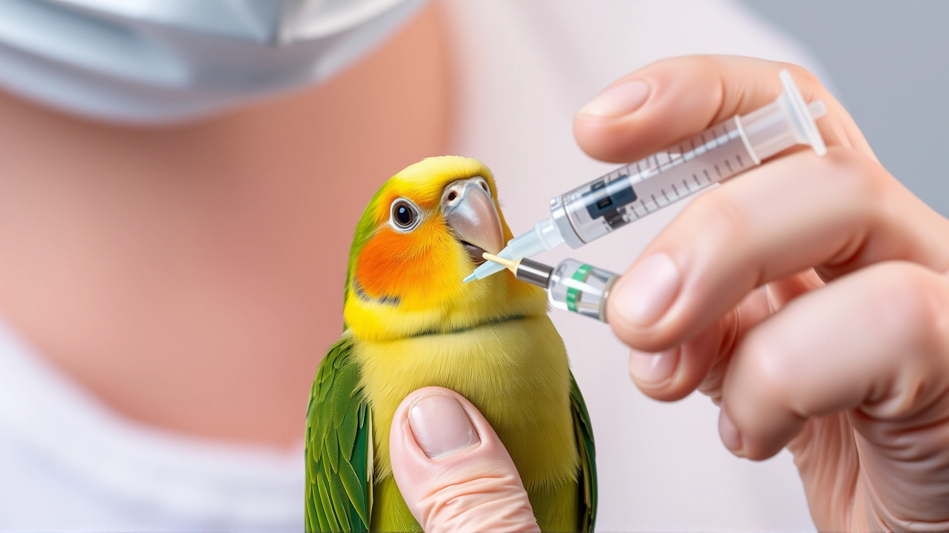 Veterinarian administering oral calcium supplement to a lovebird with a syringe, close-up shot